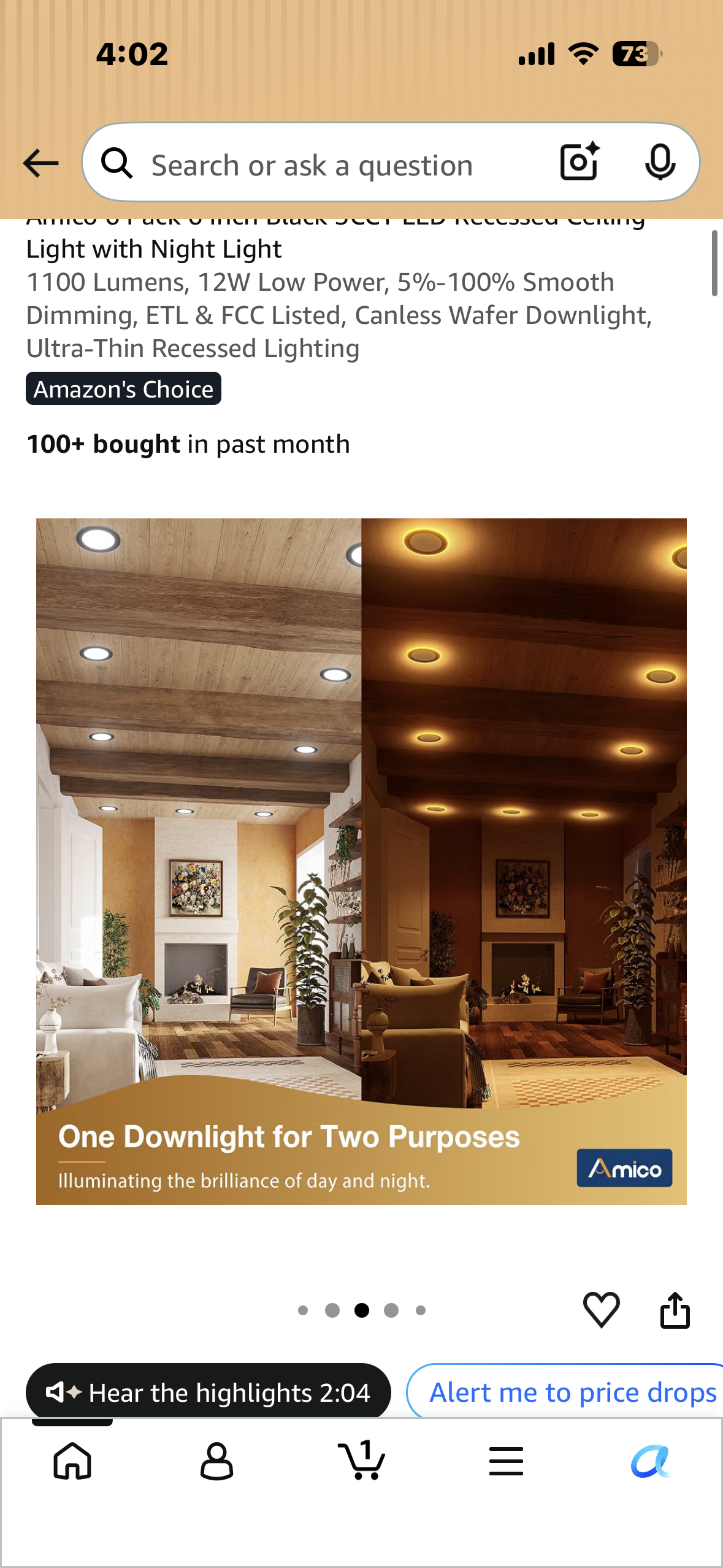 Amico 6 Pack 6 Inch Black 5CCT LED Recessed Ceiling Lights with Night Light, 1100 Lumens, 12W Low Power, 5%-100% Smooth Dimming, ETL & FCC Listed, Canless Wafer Downlight, Ultra-Thin Recessed Lighting