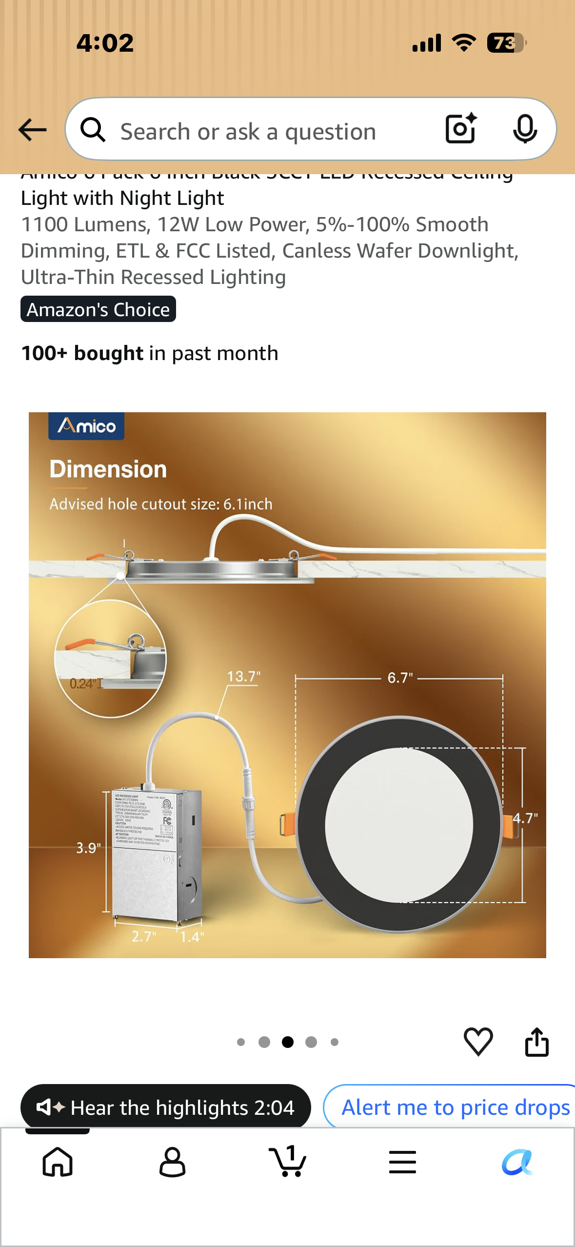 Amico 6 Pack 6 Inch Black 5CCT LED Recessed Ceiling Lights with Night Light, 1100 Lumens, 12W Low Power, 5%-100% Smooth Dimming, ETL & FCC Listed, Canless Wafer Downlight, Ultra-Thin Recessed Lighting