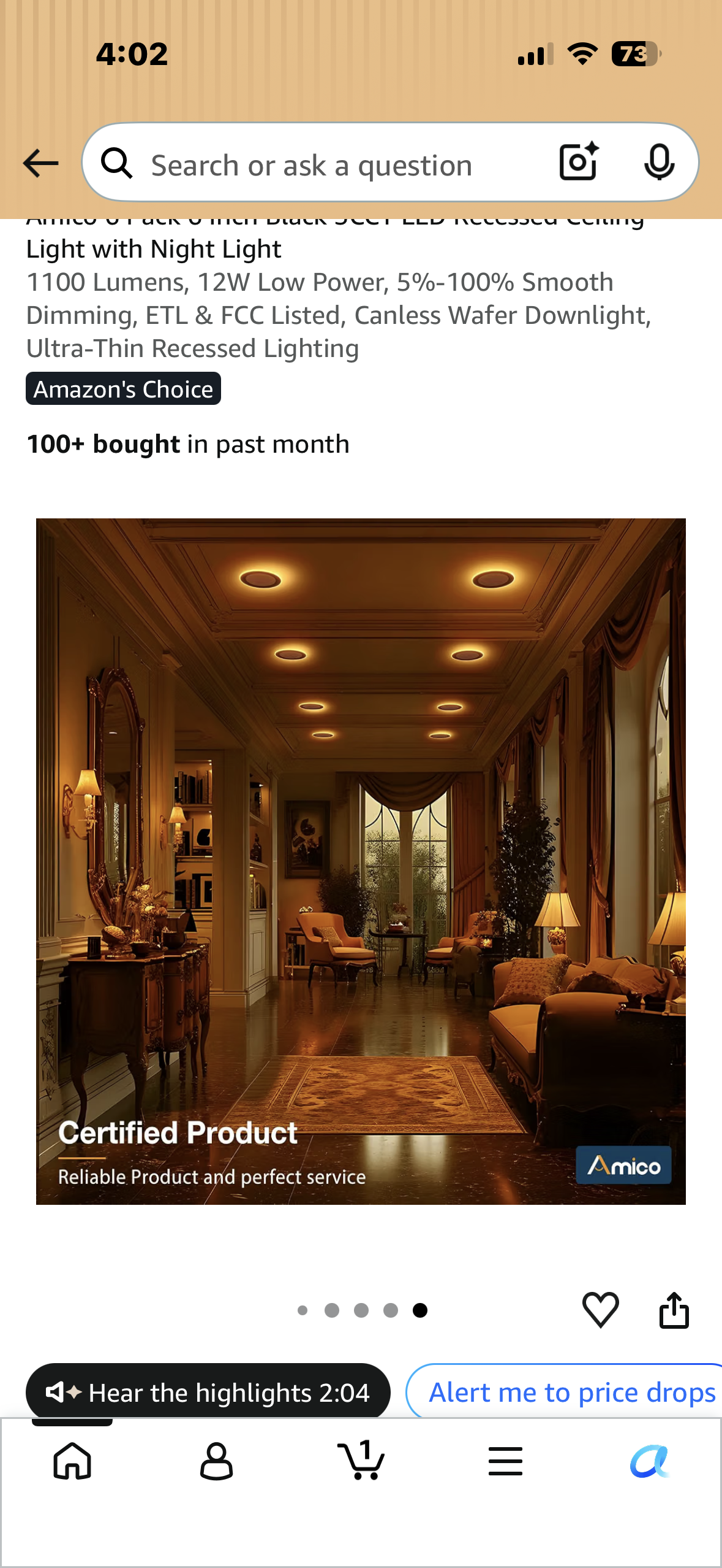 Amico 6 Pack 6 Inch Black 5CCT LED Recessed Ceiling Lights with Night Light, 1100 Lumens, 12W Low Power, 5%-100% Smooth Dimming, ETL & FCC Listed, Canless Wafer Downlight, Ultra-Thin Recessed Lighting