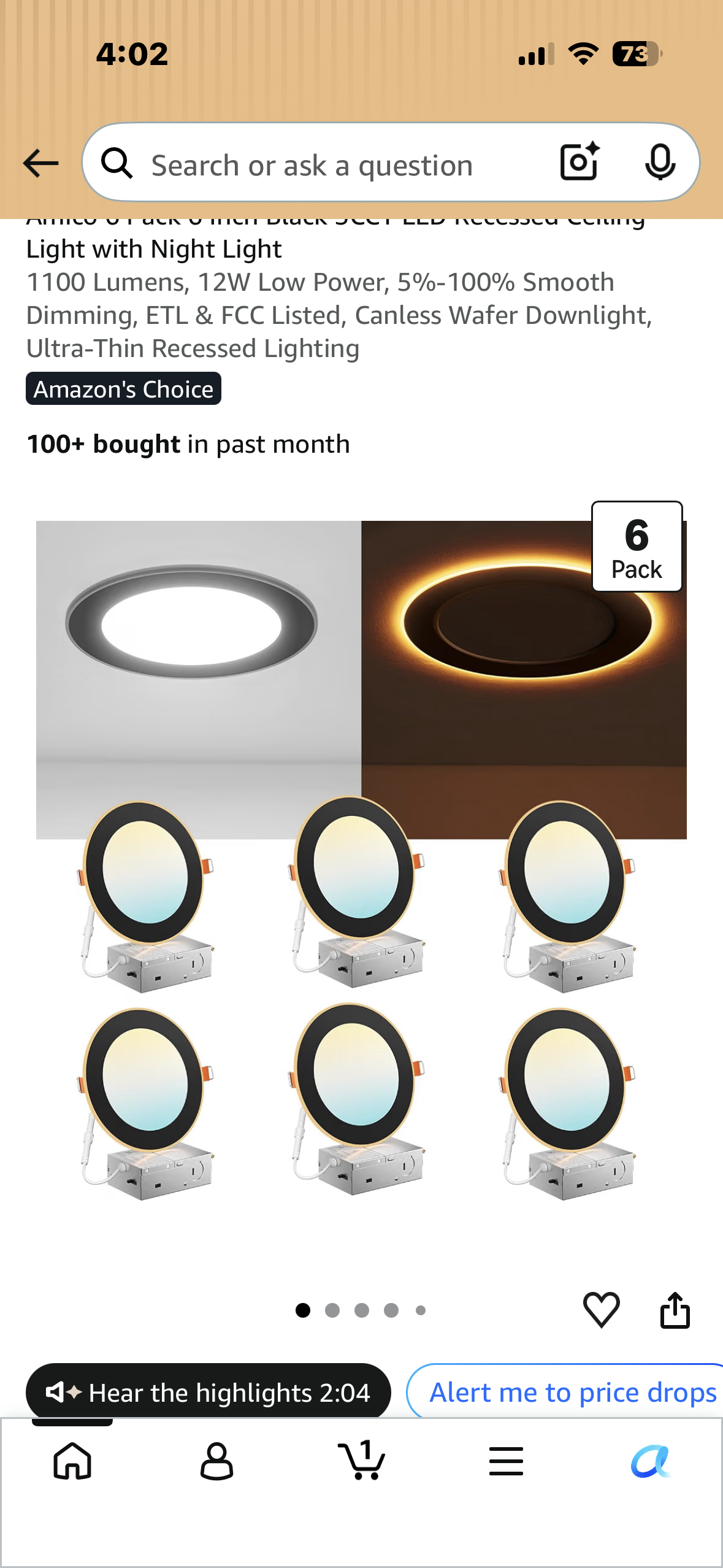 Amico 6 Pack 6 Inch Black 5CCT LED Recessed Ceiling Lights with Night Light, 1100 Lumens, 12W Low Power, 5%-100% Smooth Dimming, ETL & FCC Listed, Canless Wafer Downlight, Ultra-Thin Recessed Lighting