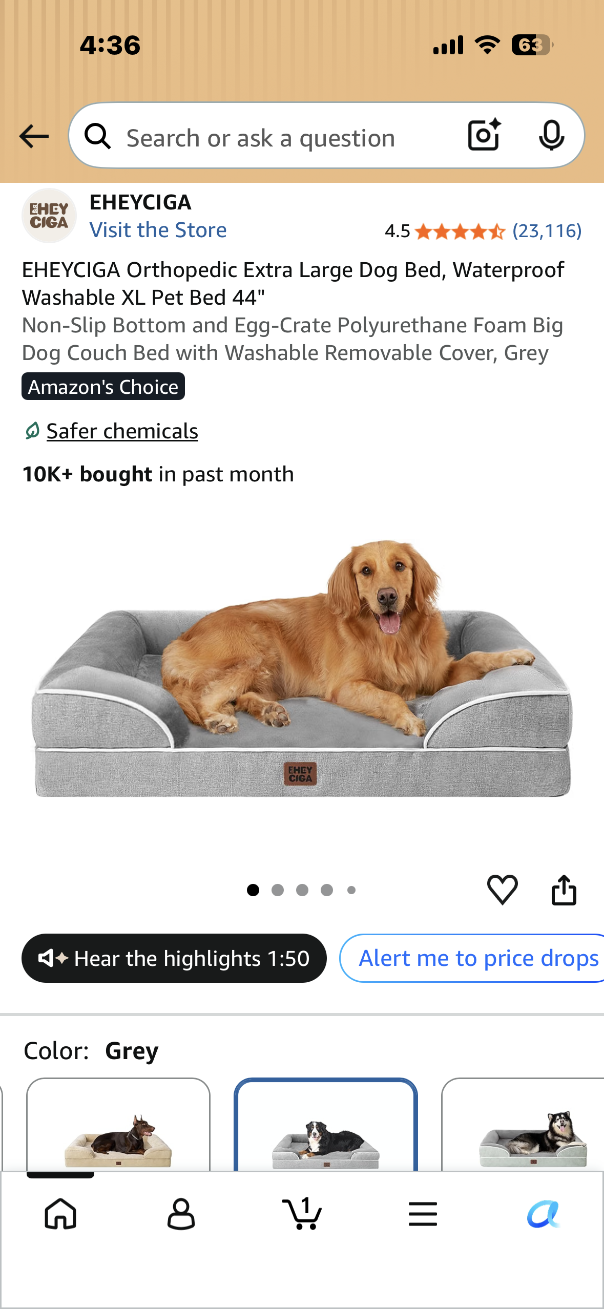 EHEYCIGA Orthopedic Extra Large Dog Bed, Waterproof Washable XL Pet Bed 44" Non-Slip Bottom and Egg-Crate Polyurethane Foam Big Dog Couch Bed with Washable Removable Cover, Grey