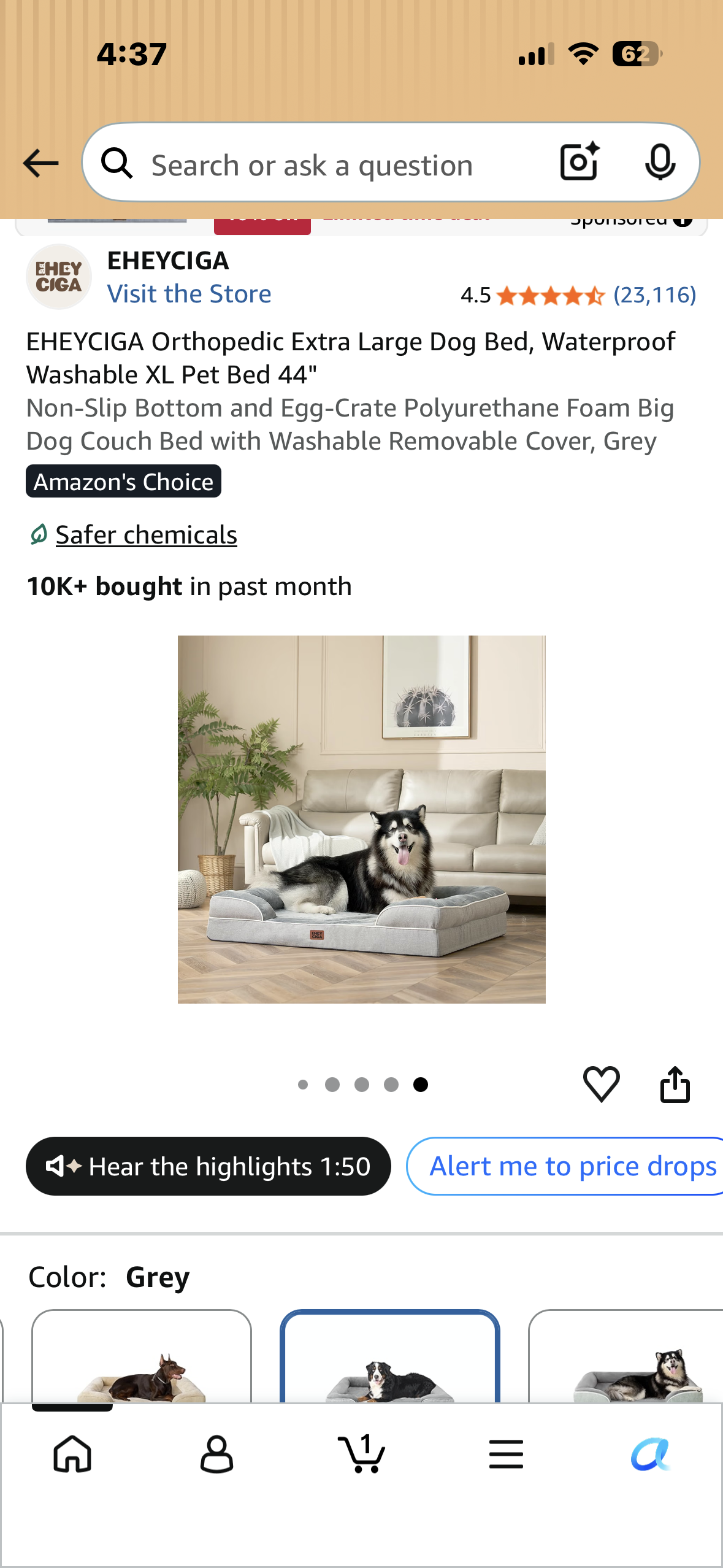 EHEYCIGA Orthopedic Extra Large Dog Bed, Waterproof Washable XL Pet Bed 44" Non-Slip Bottom and Egg-Crate Polyurethane Foam Big Dog Couch Bed with Washable Removable Cover, Grey