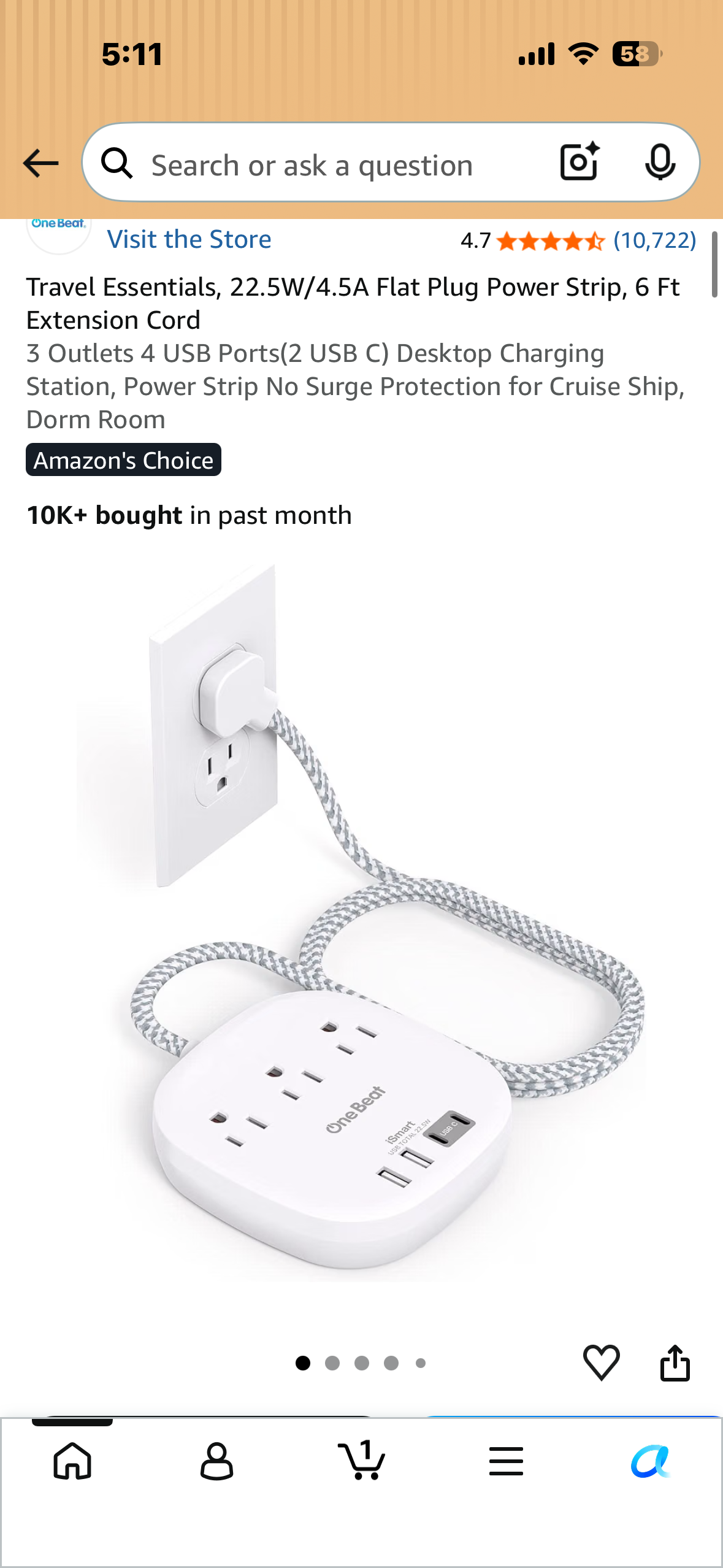 Travel Essentials, 22.5W/4.5A Flat Plug Power Strip, 5 Ft Extension Cord 3 Outlets 4 USB Ports, Desktop Charging Station, Power Strip No Surge Protection for Cruise Ship, Dorm Room