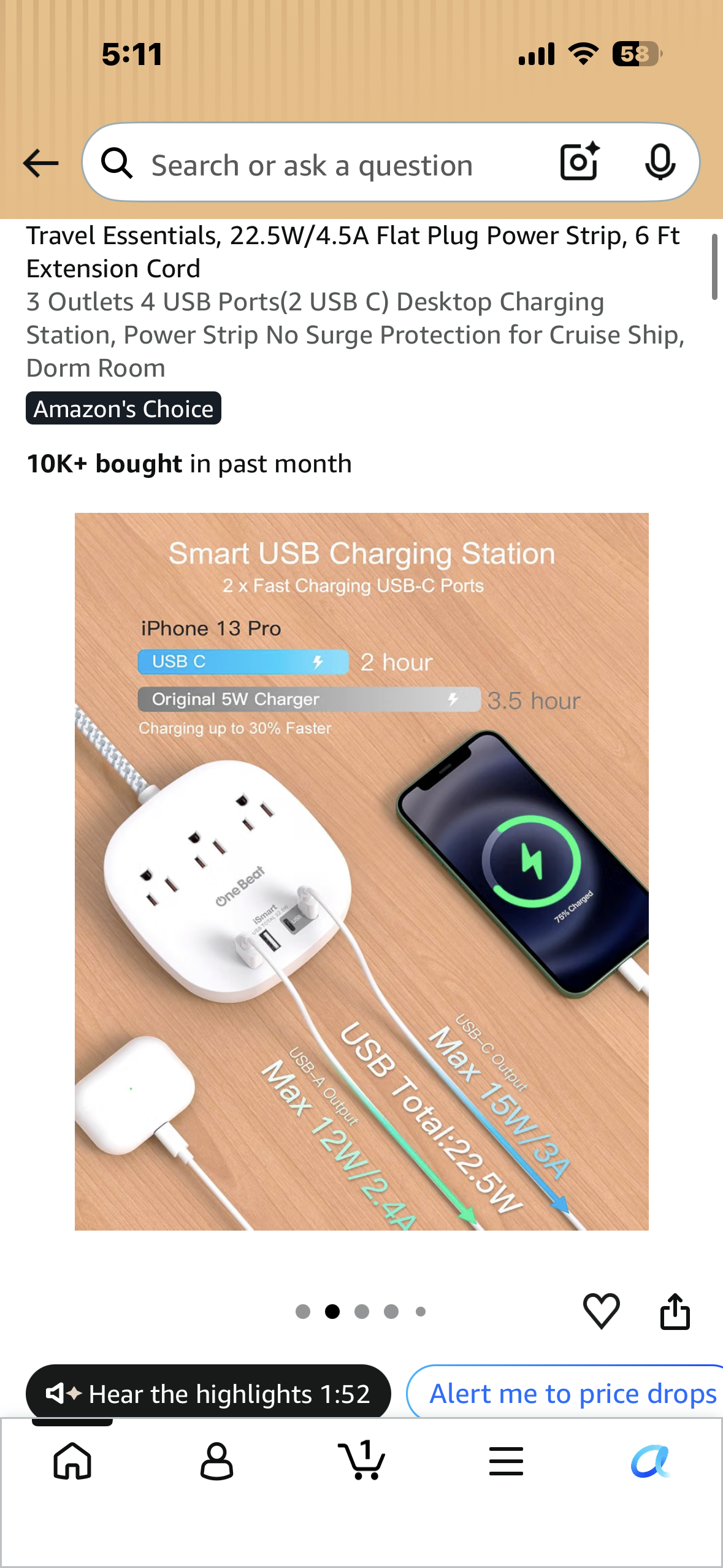 Travel Essentials, 22.5W/4.5A Flat Plug Power Strip, 5 Ft Extension Cord 3 Outlets 4 USB Ports, Desktop Charging Station, Power Strip No Surge Protection for Cruise Ship, Dorm Room