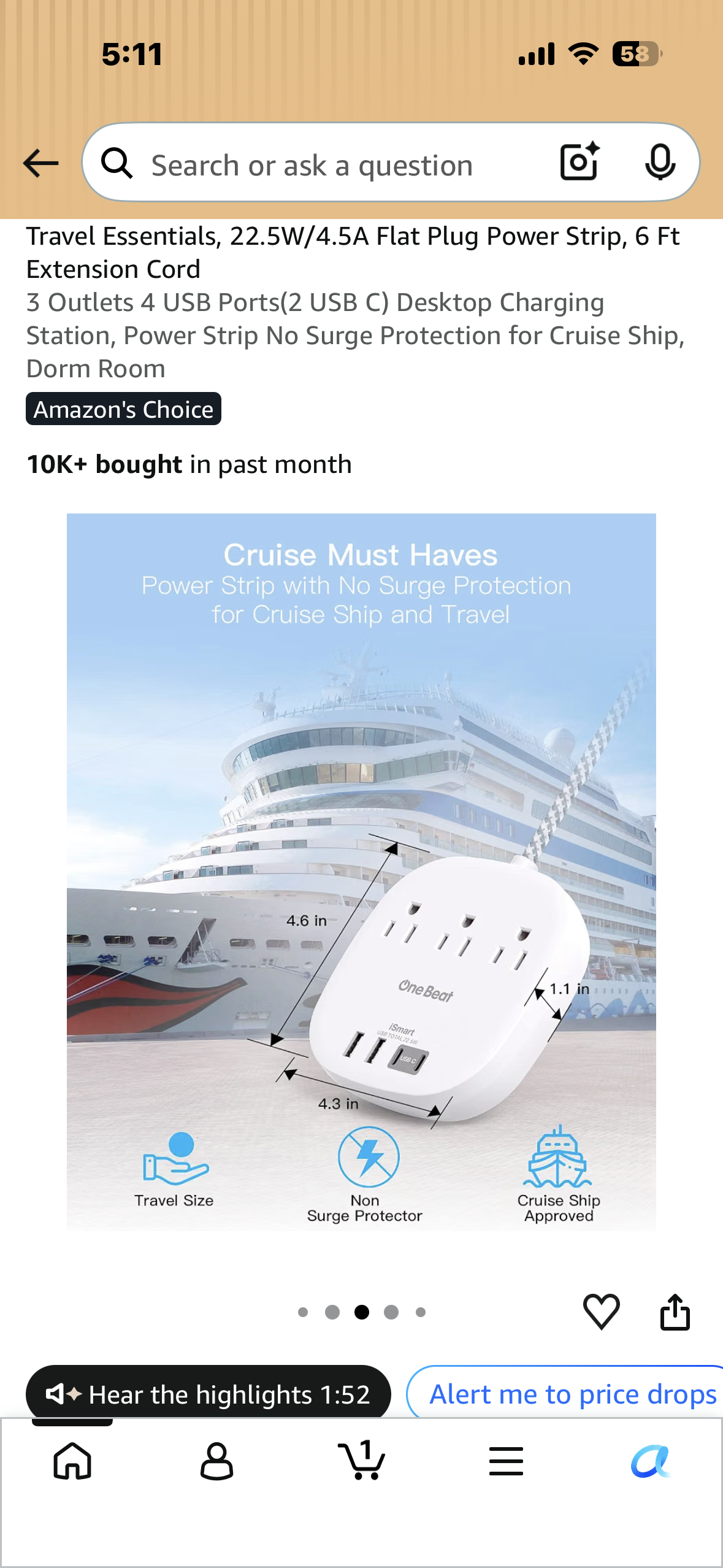 Travel Essentials, 22.5W/4.5A Flat Plug Power Strip, 5 Ft Extension Cord 3 Outlets 4 USB Ports, Desktop Charging Station, Power Strip No Surge Protection for Cruise Ship, Dorm Room