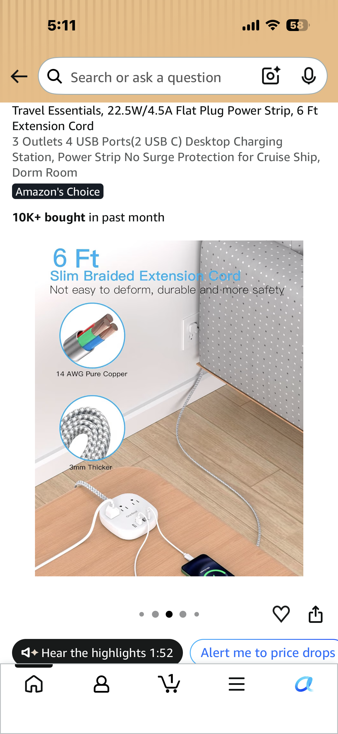 Travel Essentials, 22.5W/4.5A Flat Plug Power Strip, 5 Ft Extension Cord 3 Outlets 4 USB Ports, Desktop Charging Station, Power Strip No Surge Protection for Cruise Ship, Dorm Room