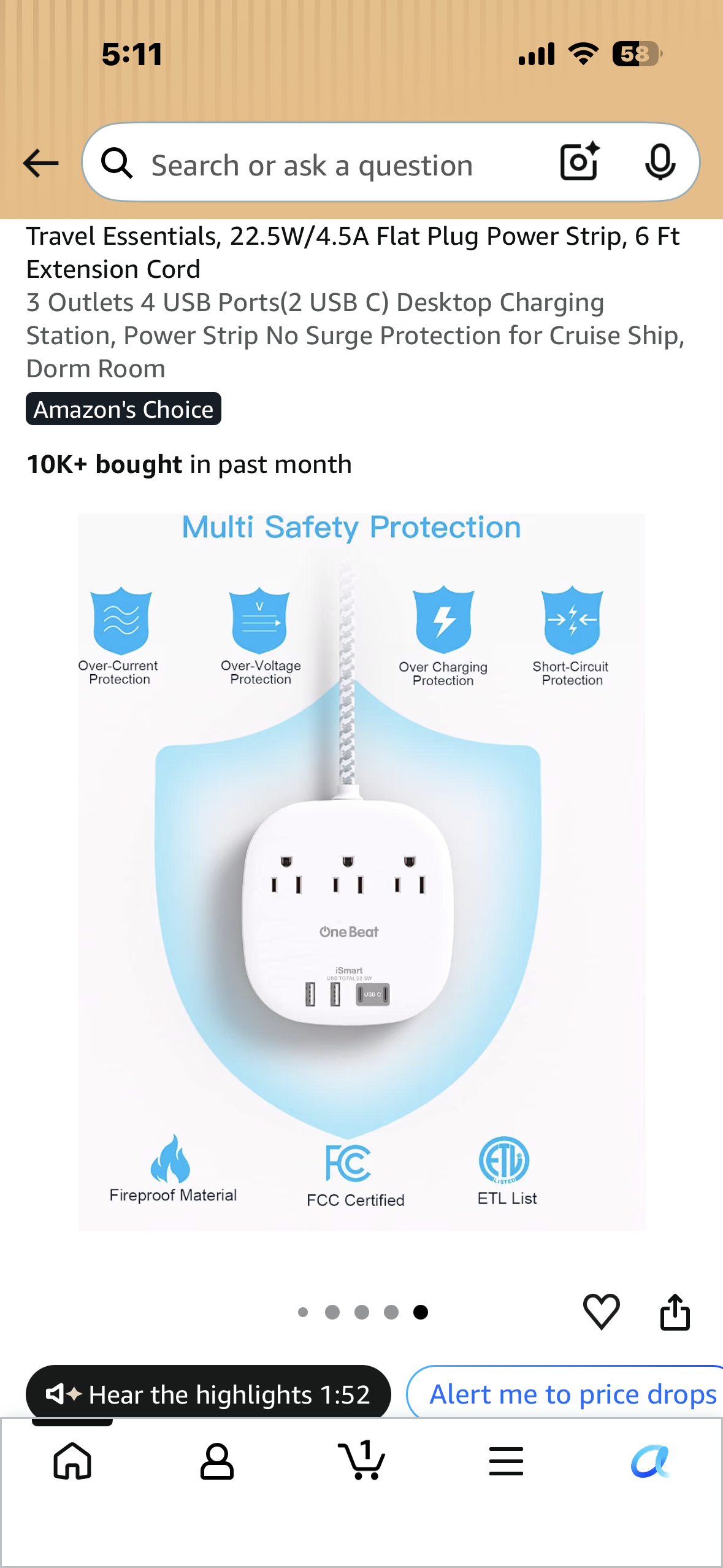 Travel Essentials, 22.5W/4.5A Flat Plug Power Strip, 5 Ft Extension Cord 3 Outlets 4 USB Ports, Desktop Charging Station, Power Strip No Surge Protection for Cruise Ship, Dorm Room