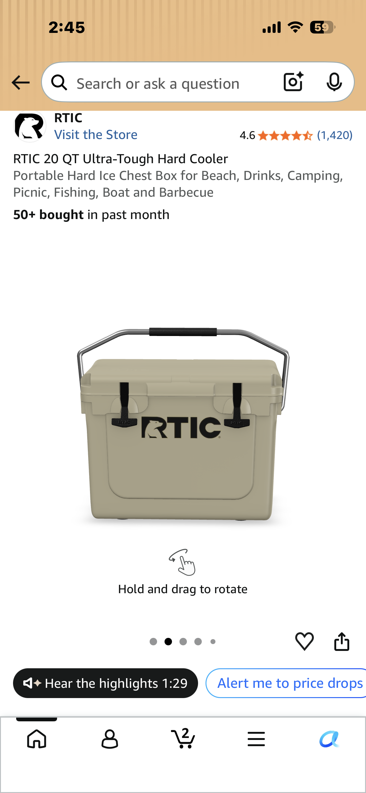 RTIC 20 QT Ultra-Tough Hard Cooler, Portable Hard Ice Chest Box for Beach, Drinks, Camping, Picnic, Fishing, Boat and Barbecue