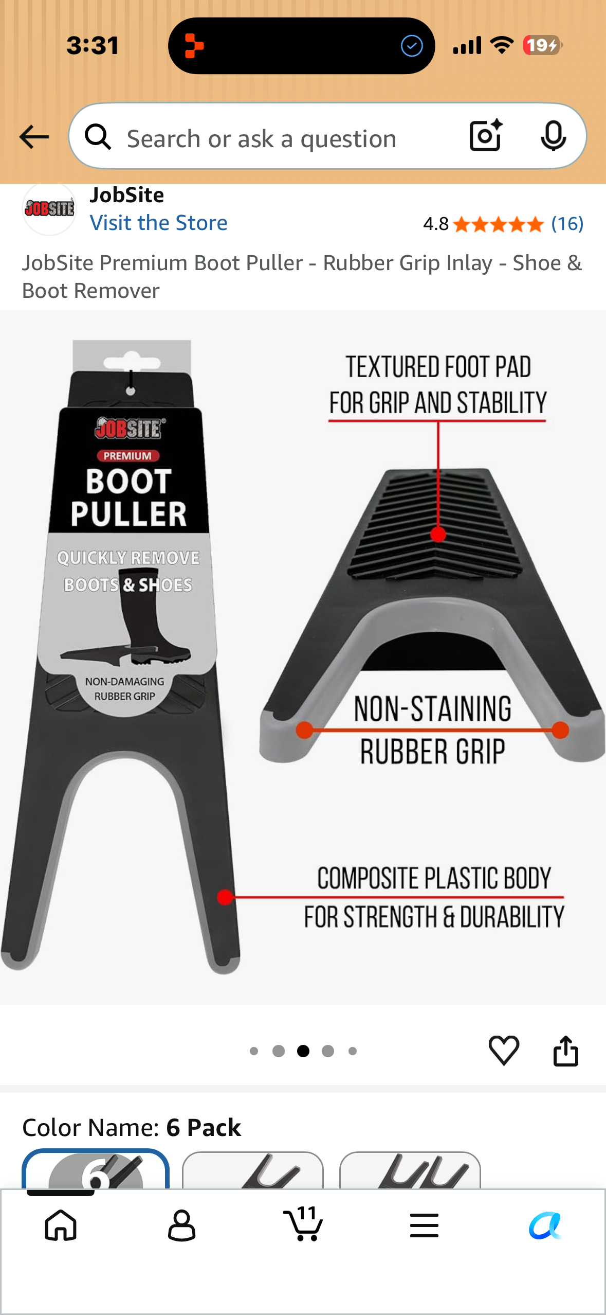 6-Pack, JobSite Premium Boot Puller - Rubber Grip Inlay - Shoe & Boot Remover