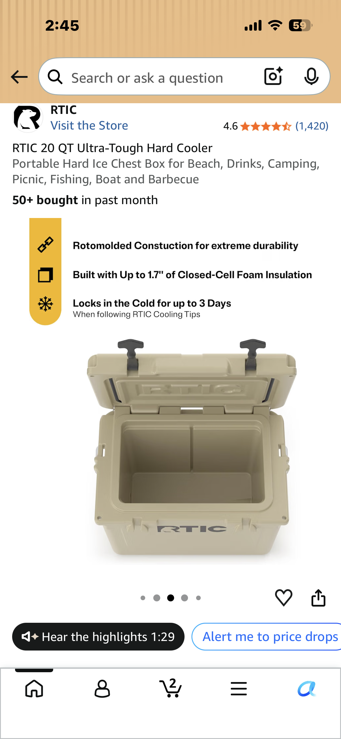 RTIC 20 QT Ultra-Tough Hard Cooler, Portable Hard Ice Chest Box for Beach, Drinks, Camping, Picnic, Fishing, Boat and Barbecue