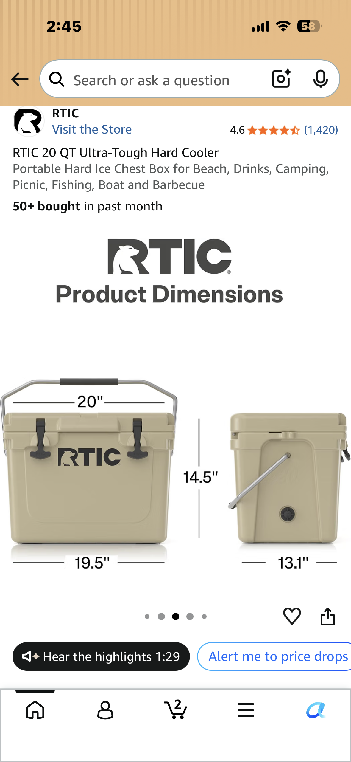 RTIC 20 QT Ultra-Tough Hard Cooler, Portable Hard Ice Chest Box for Beach, Drinks, Camping, Picnic, Fishing, Boat and Barbecue