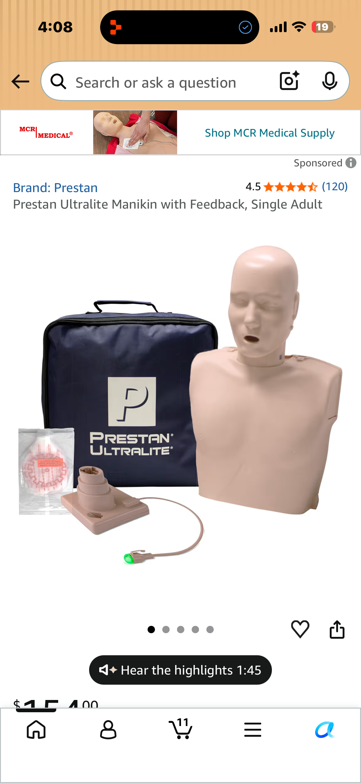 Prestan Ultralite Manikin with Feedback, Single Adult CPR Training