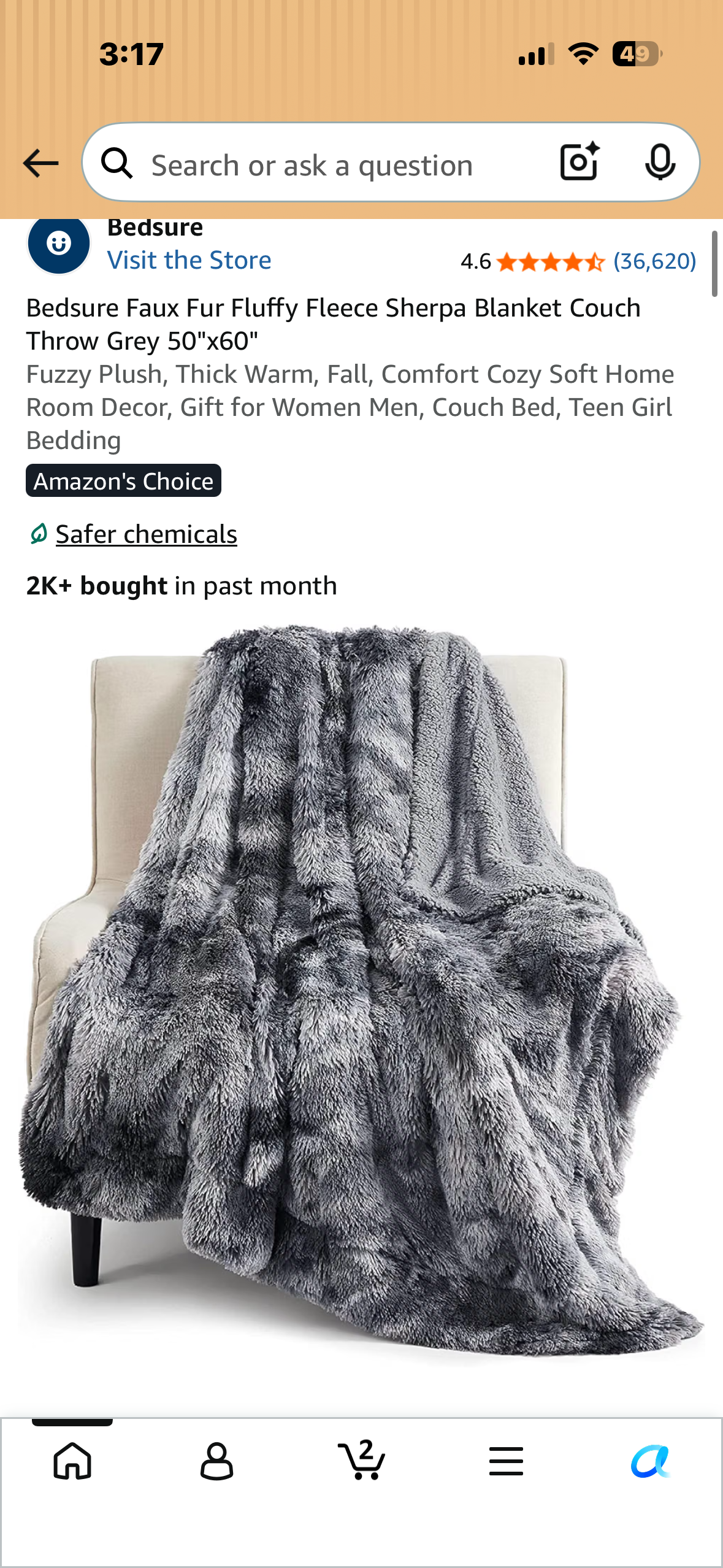 Bedsure Faux Fur Fluffy Fleece Sherpa Blanket, Couch Throw, Grey 50"x60" Fuzzy Plush, Thick Warm, Fall, Comfort Cozy Soft Home Room Decor