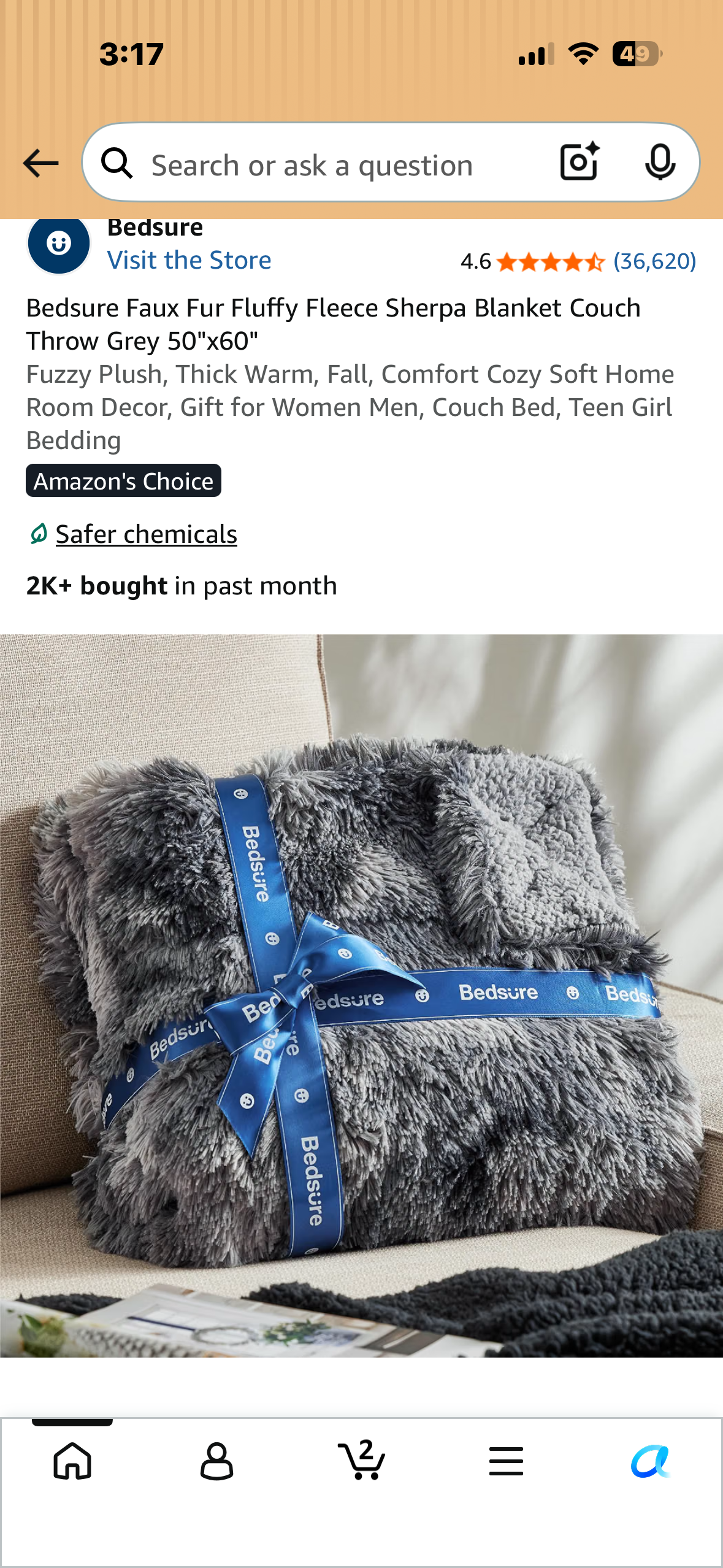 Bedsure Faux Fur Fluffy Fleece Sherpa Blanket, Couch Throw, Grey 50"x60" Fuzzy Plush, Thick Warm, Fall, Comfort Cozy Soft Home Room Decor