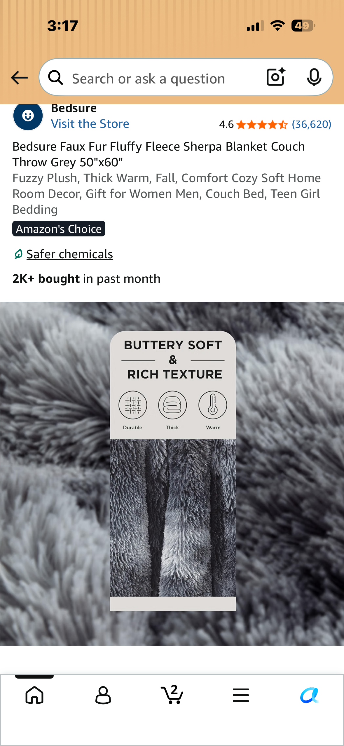 Bedsure Faux Fur Fluffy Fleece Sherpa Blanket, Couch Throw, Grey 50"x60" Fuzzy Plush, Thick Warm, Fall, Comfort Cozy Soft Home Room Decor