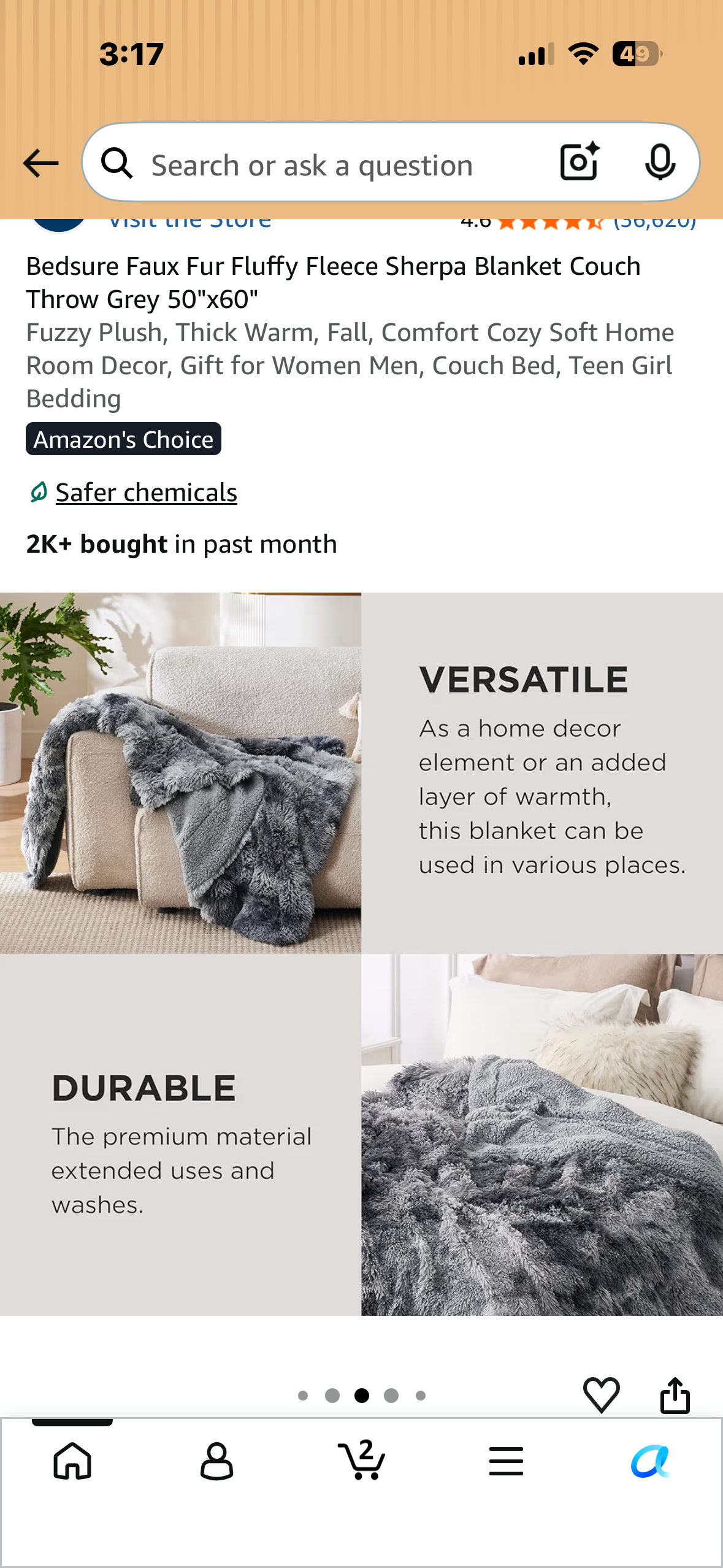 Bedsure Faux Fur Fluffy Fleece Sherpa Blanket, Couch Throw, Grey 50"x60" Fuzzy Plush, Thick Warm, Fall, Comfort Cozy Soft Home Room Decor