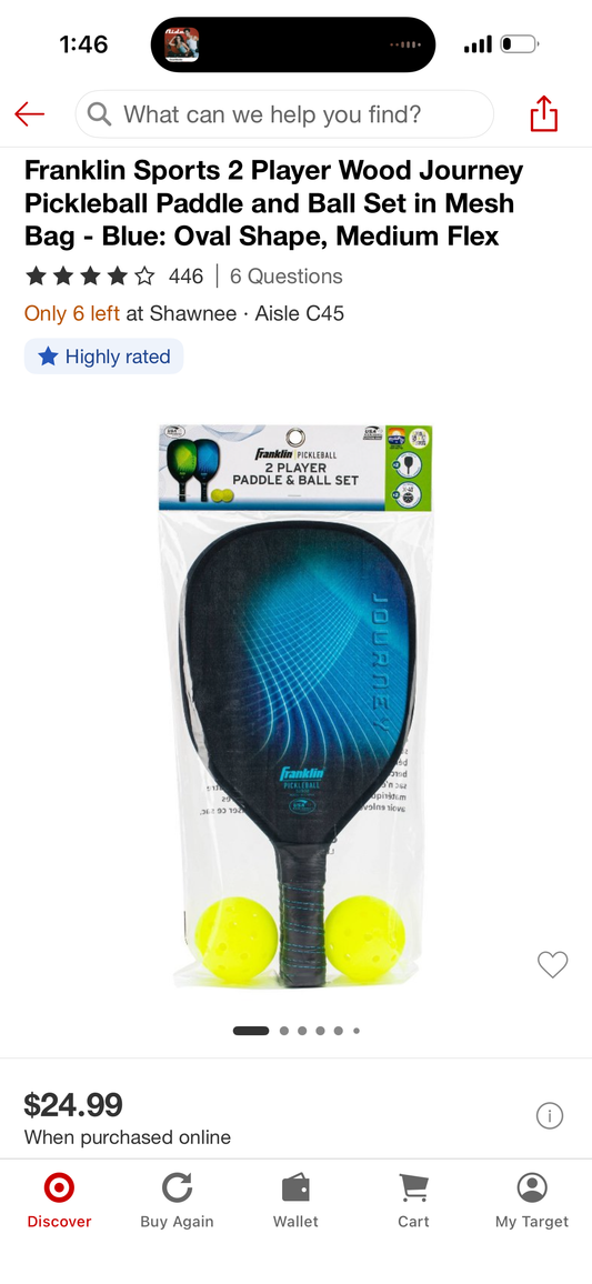 Franklin Sports 2 Player Wood Journey Pickleball Paddle and Ball Set in Mesh Bag - Blue: Oval Shape, Medium Flex