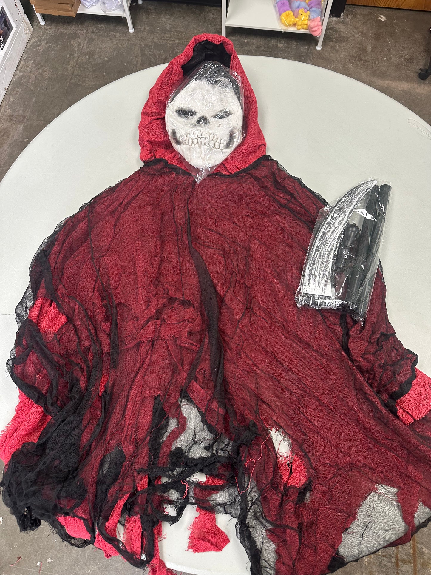 Grim Reaper Costume Red Skull Mask Scythe Hooded Robe (Size Adult M)