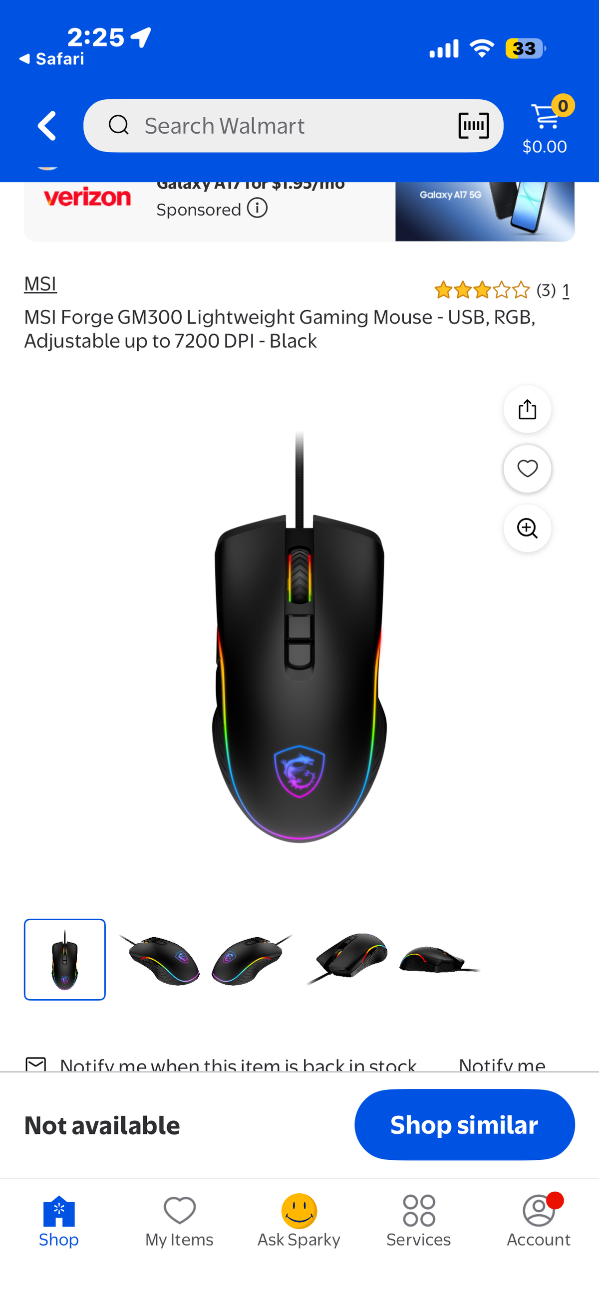 Msi Forge GM300 Mouse Gaming Left-Hand USB Type-A Optical 7200 Dpi S12-0402300-HH9 7200 Dpi