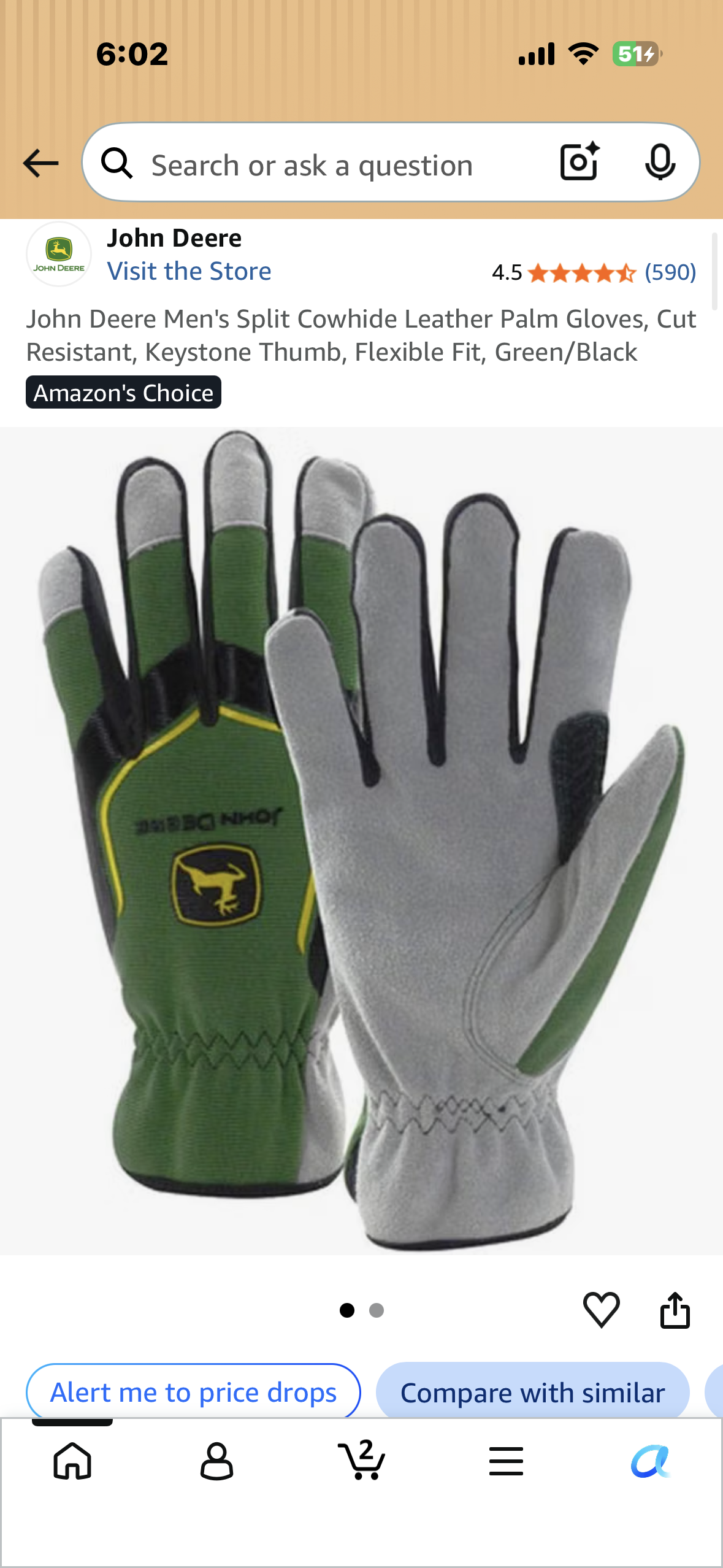 John Deere Men's Split Cowhide Leather Palm Gloves, Cut Resistant, Keystone Thumb, Flexible Fit, Green/Black (Size 2X)