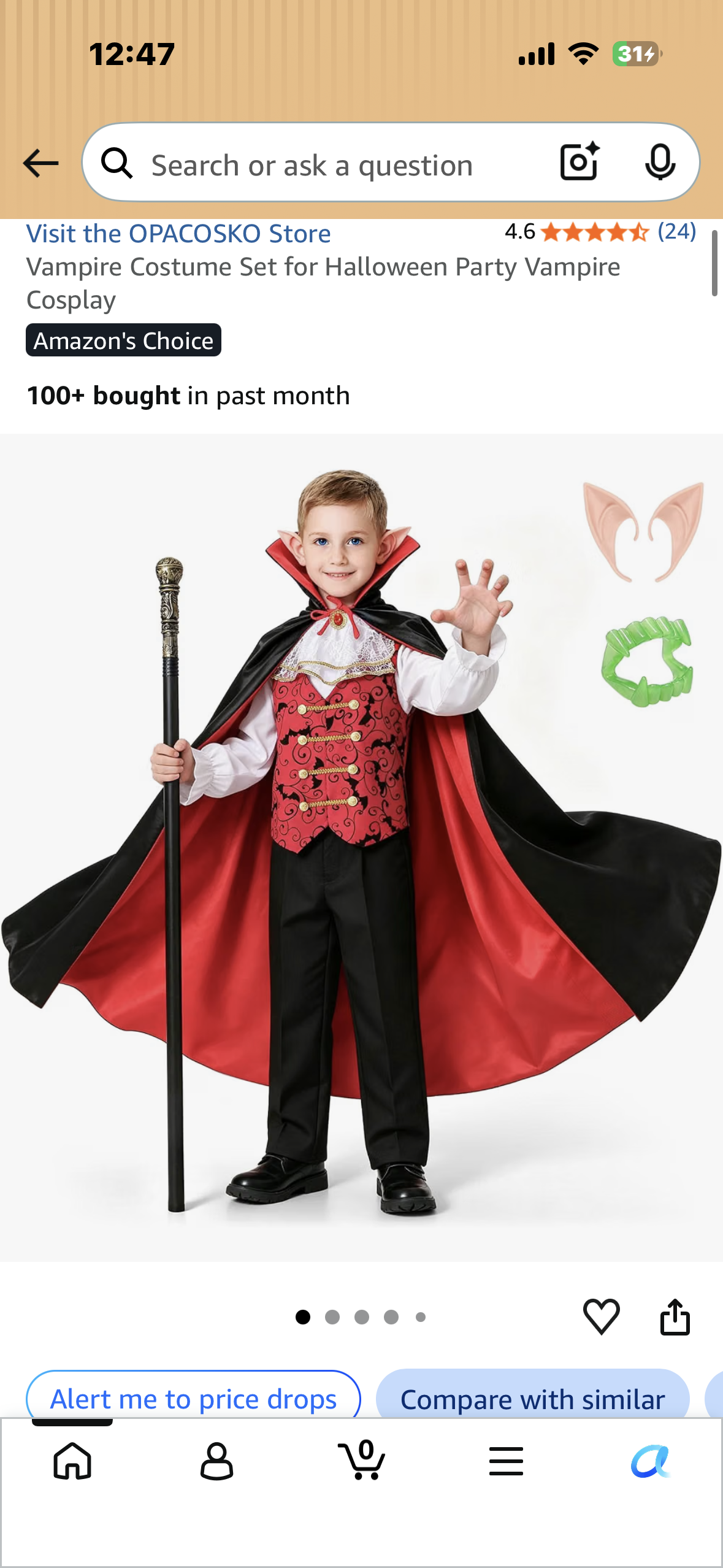 Vampire Costume Set for Halloween Party Vampire Cosplay (Size Youth Medium)