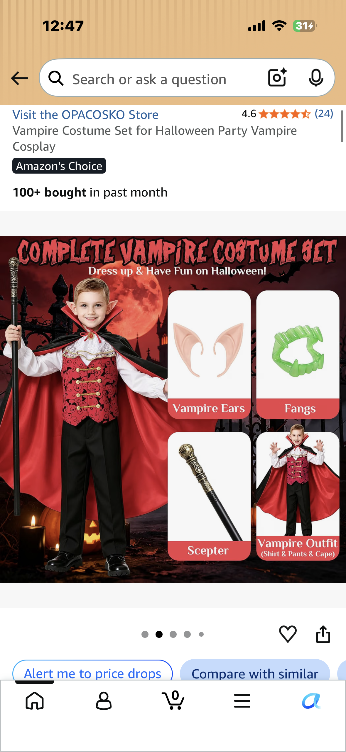 Vampire Costume Set for Halloween Party Vampire Cosplay (Size Youth Medium)