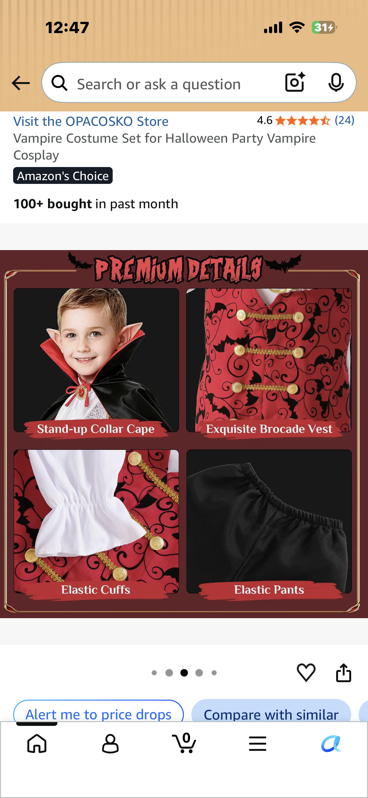 Vampire Costume Set for Halloween Party Vampire Cosplay (Size Youth Medium)
