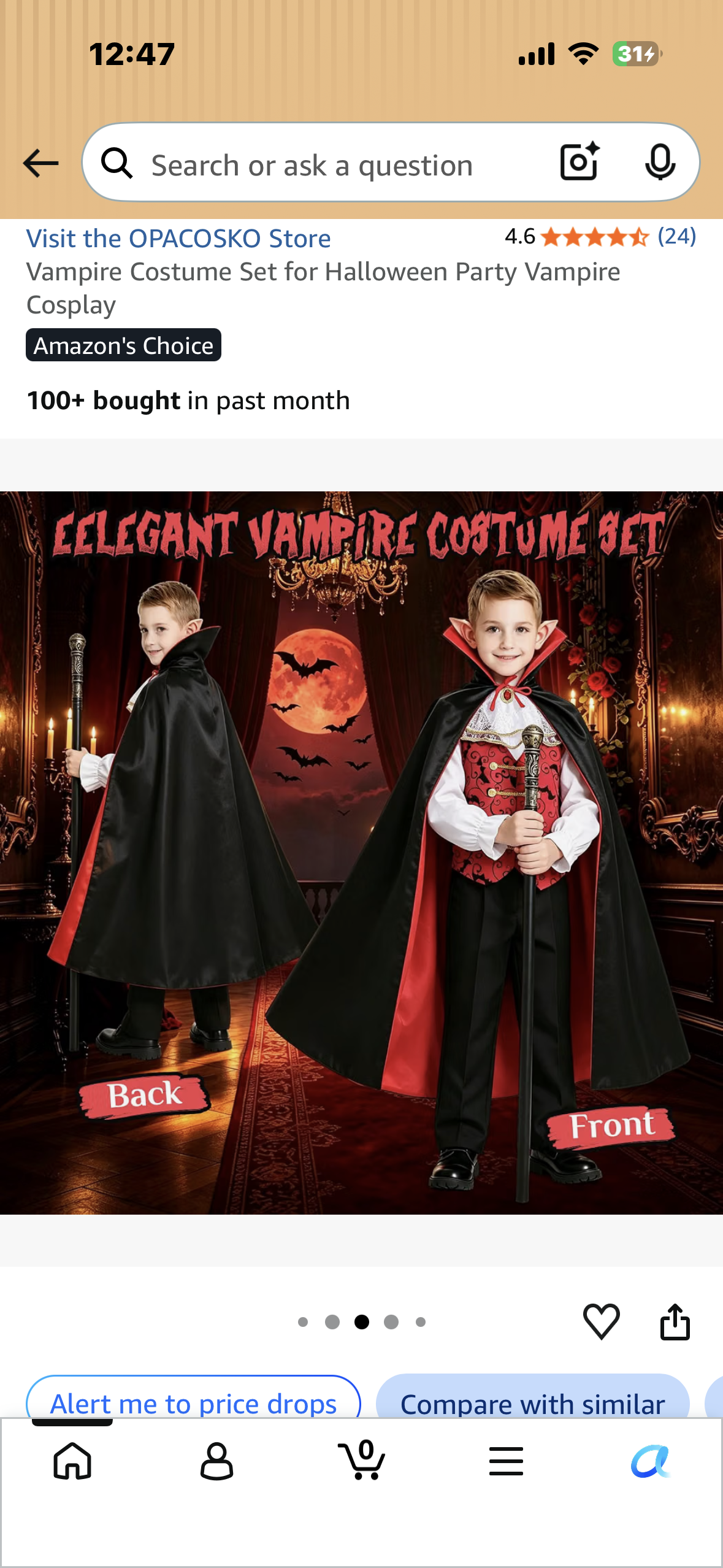 Vampire Costume Set for Halloween Party Vampire Cosplay (Size Youth Medium)