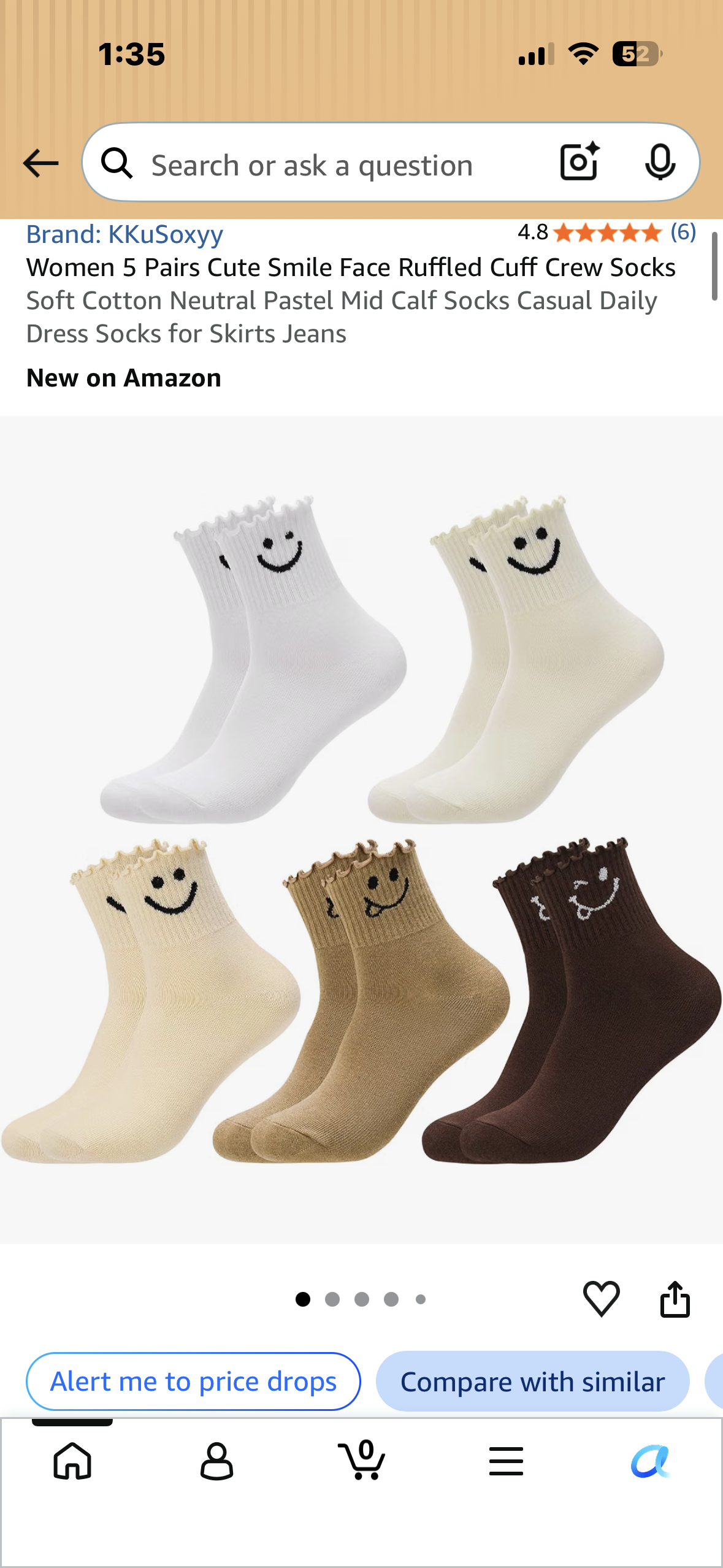 Women 5 Pairs Cute Smile Face Ruffled Cuff Crew Socks