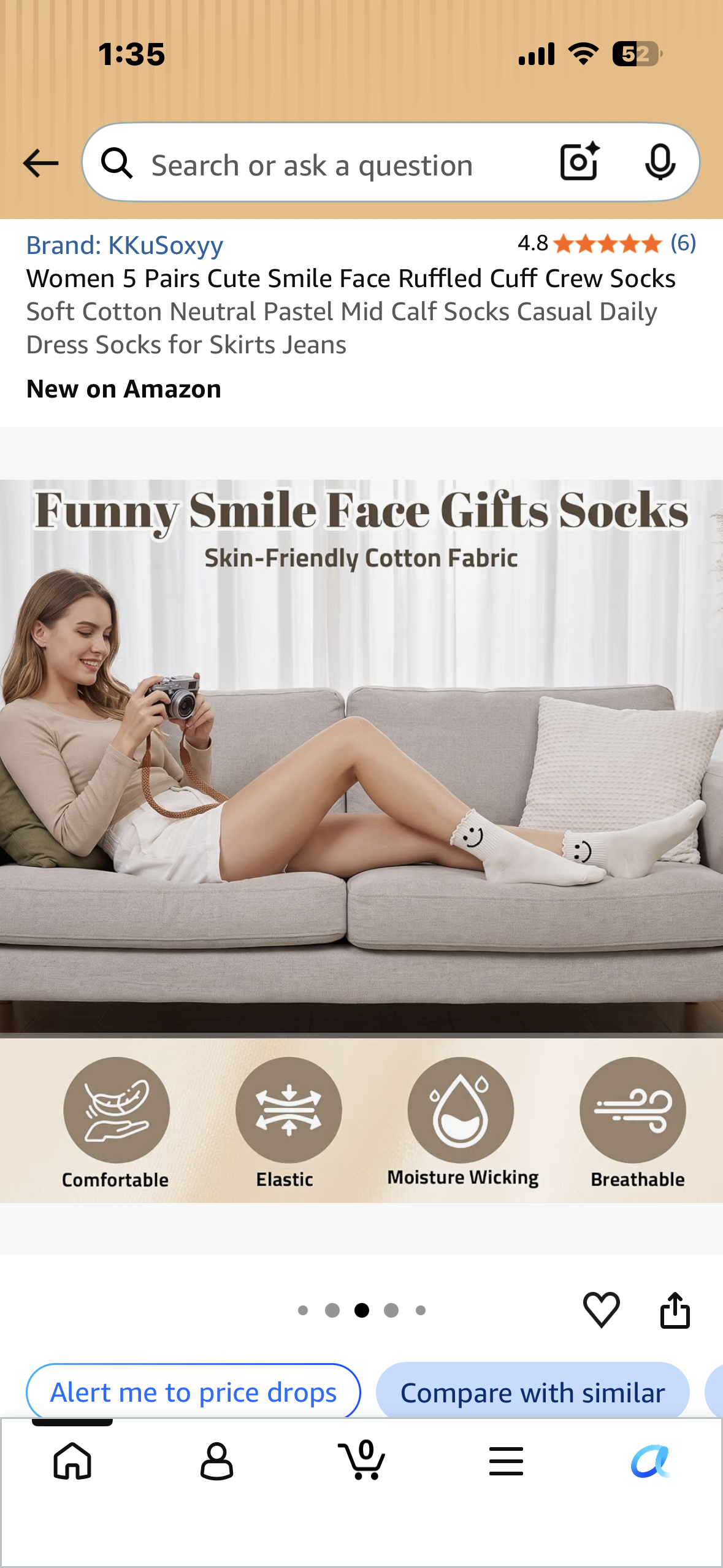 Women 5 Pairs Cute Smile Face Ruffled Cuff Crew Socks