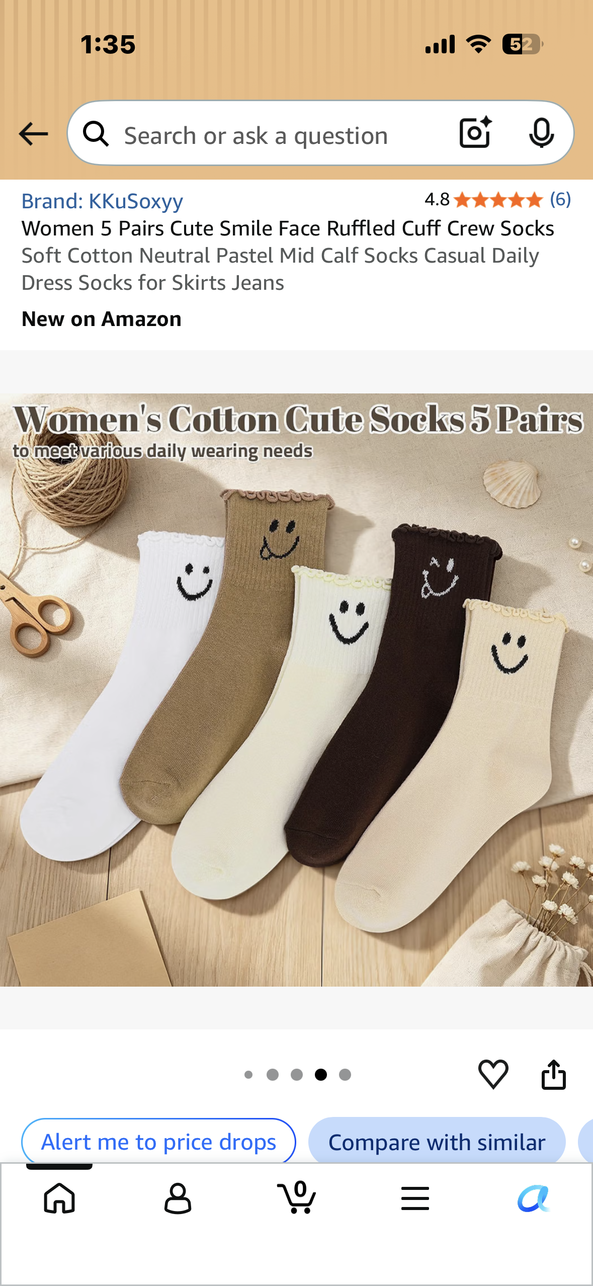 Women 5 Pairs Cute Smile Face Ruffled Cuff Crew Socks