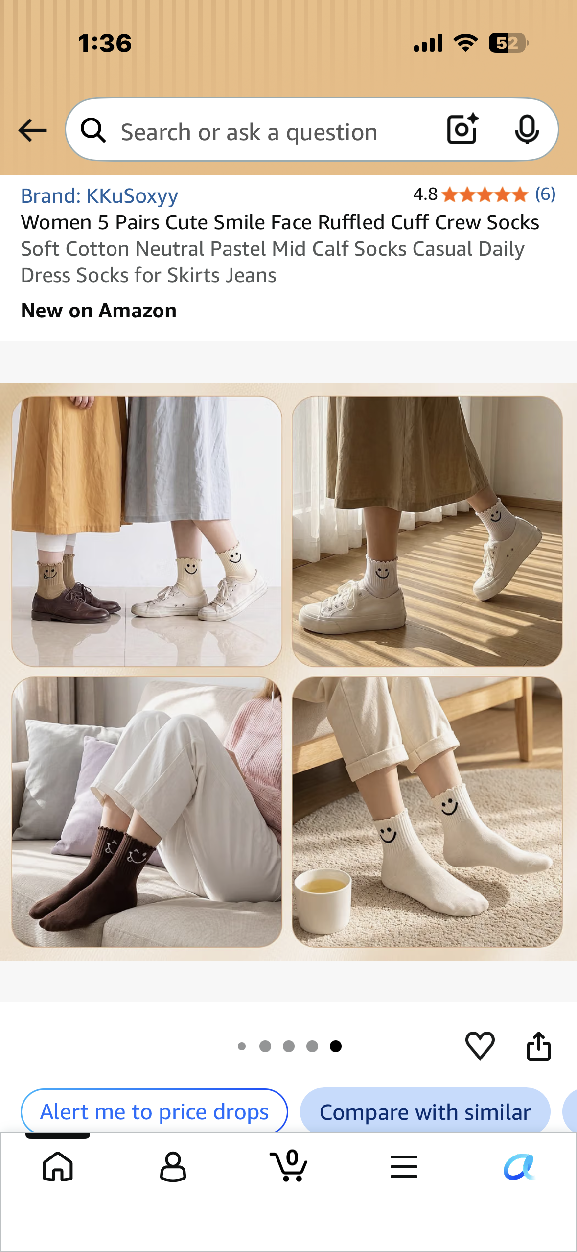 Women 5 Pairs Cute Smile Face Ruffled Cuff Crew Socks