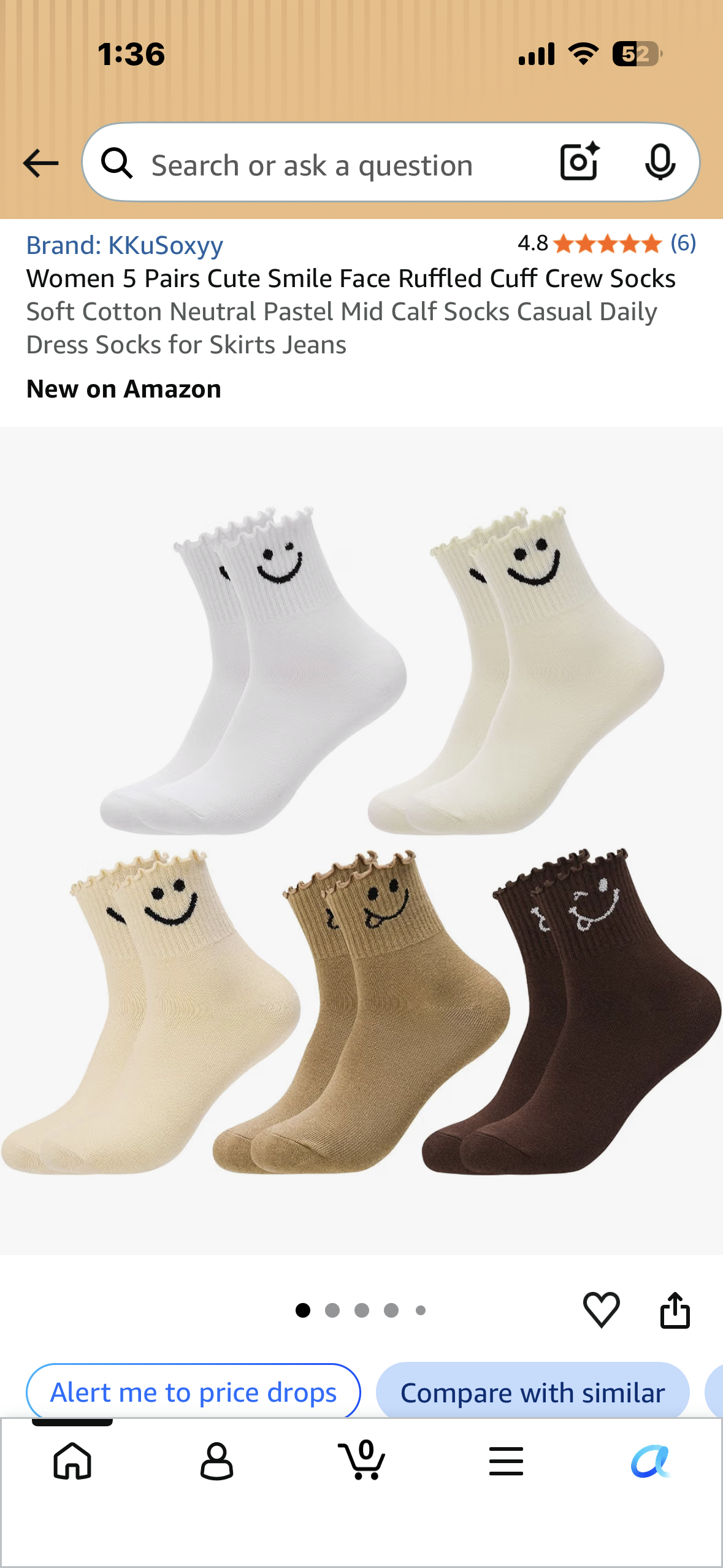 Women 5 Pairs Cute Smile Face Ruffled Cuff Crew Socks