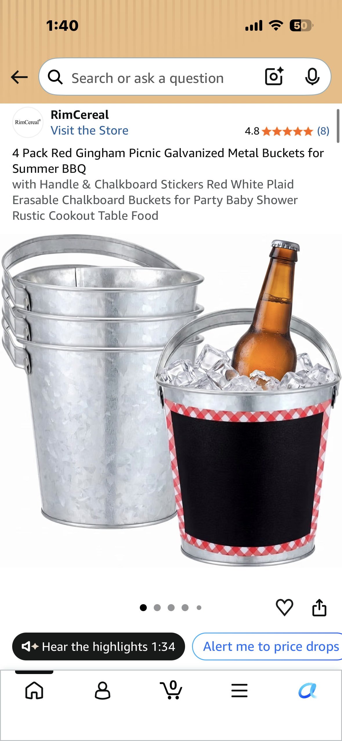 4-Pack Red Gingham Picnic Galvanized Metal Buckets