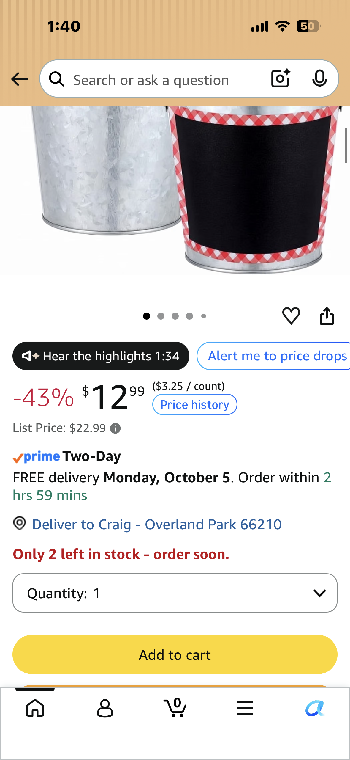 4-Pack Red Gingham Picnic Galvanized Metal Buckets