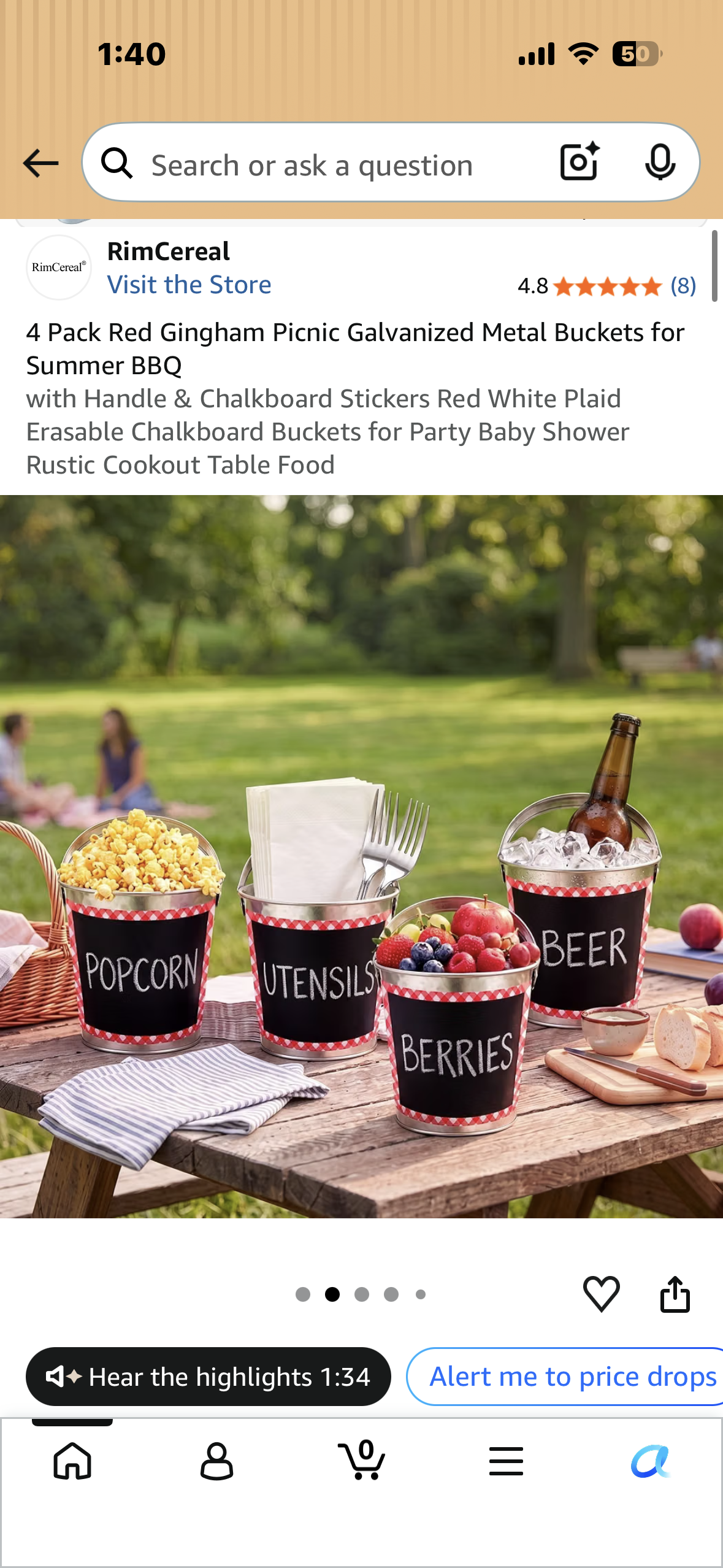 4-Pack Red Gingham Picnic Galvanized Metal Buckets