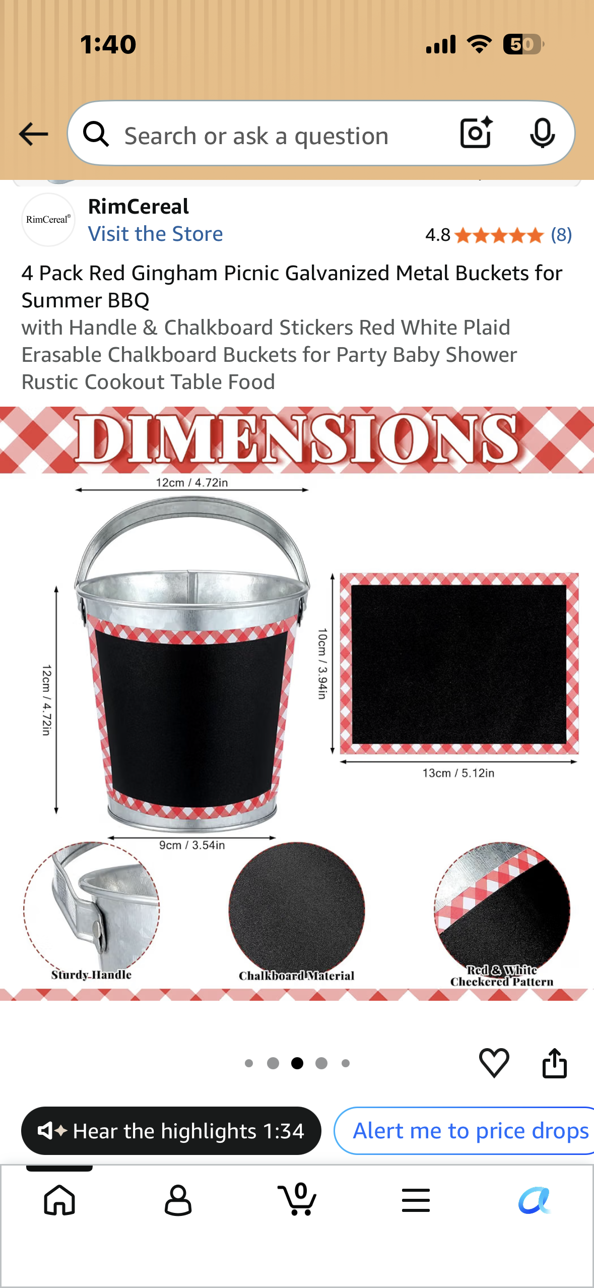 4-Pack Red Gingham Picnic Galvanized Metal Buckets