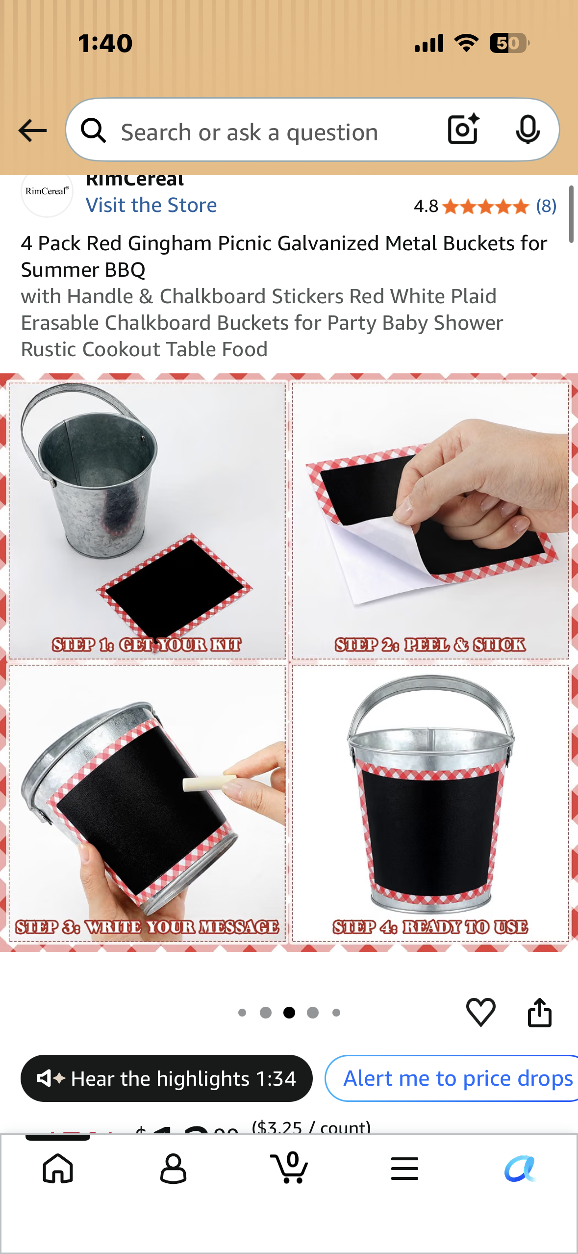 4-Pack Red Gingham Picnic Galvanized Metal Buckets