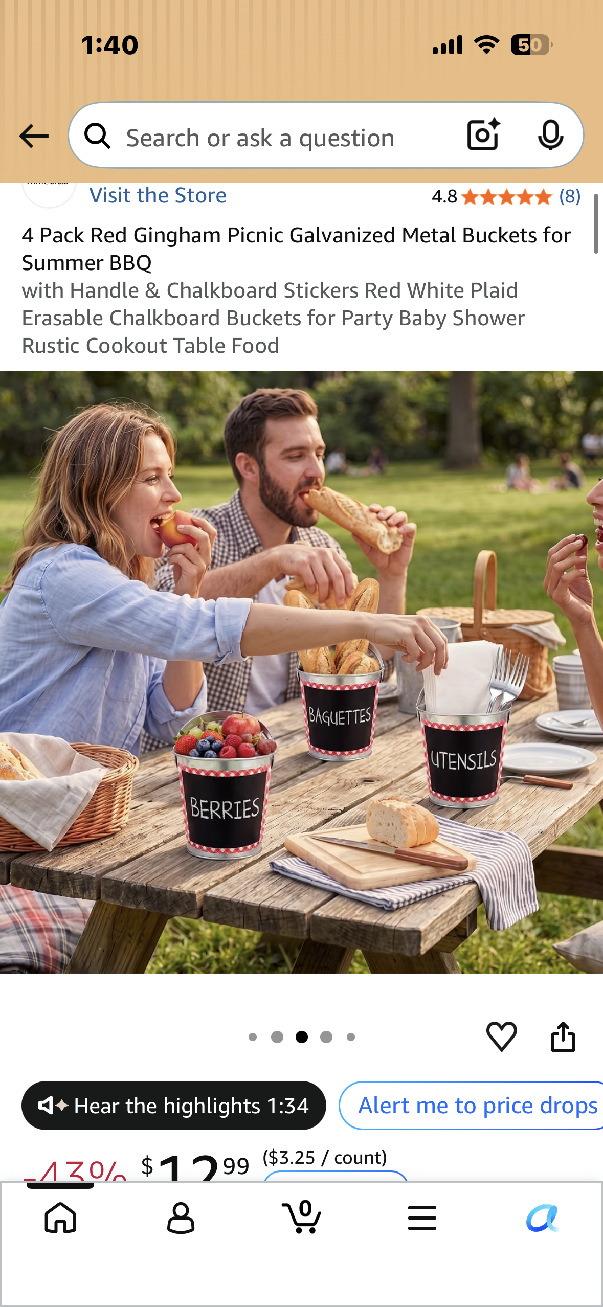 4-Pack Red Gingham Picnic Galvanized Metal Buckets