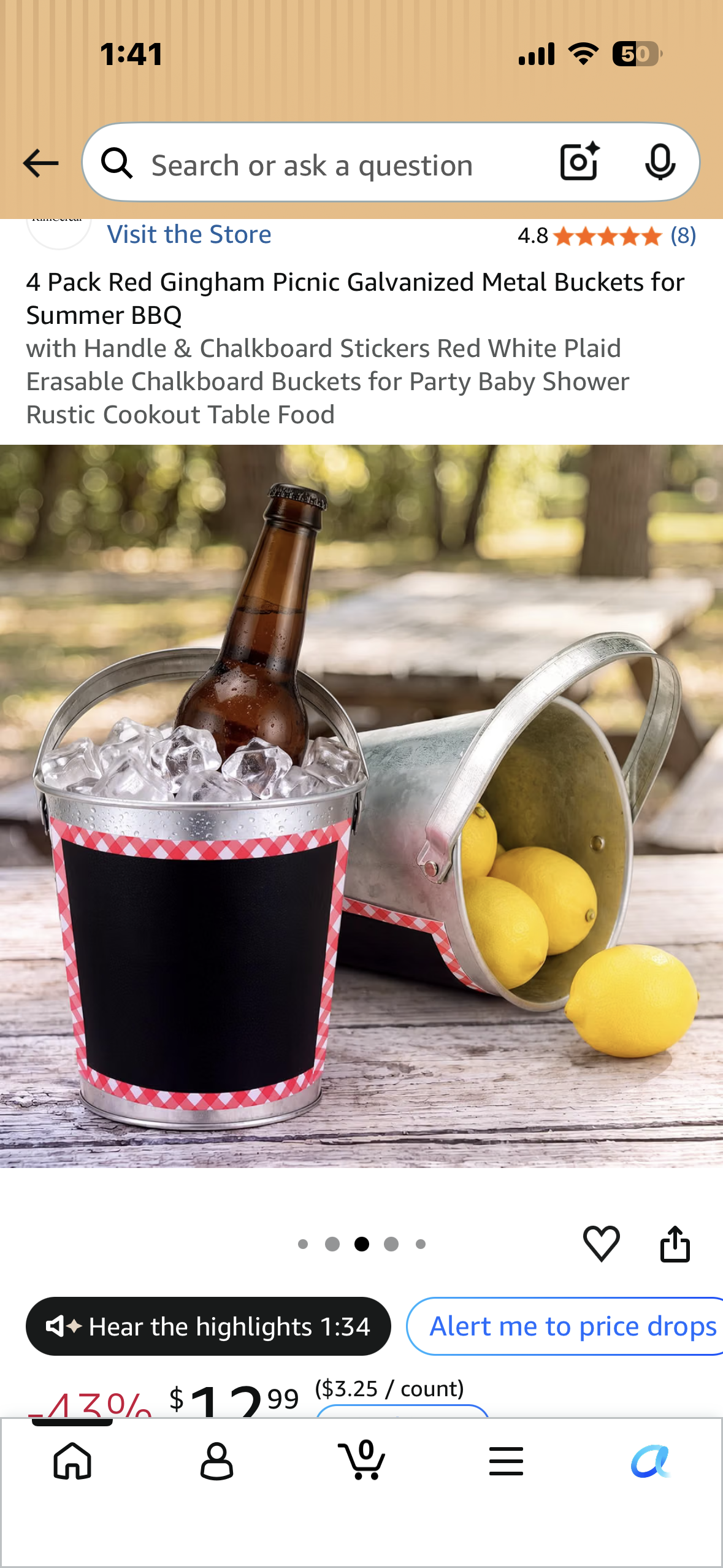 4-Pack Red Gingham Picnic Galvanized Metal Buckets