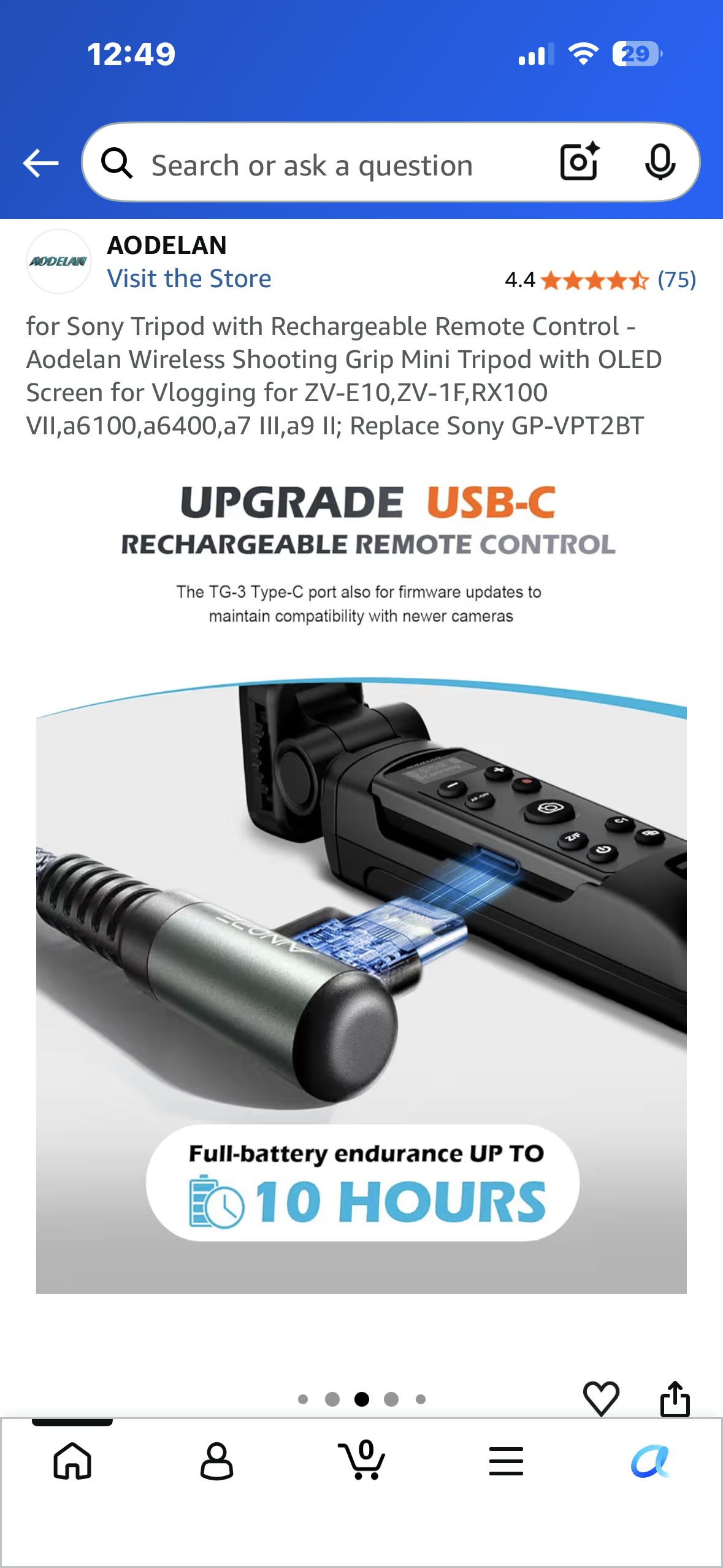 Tripod with Rechargeable Remote Control - Aodelan Wireless Shooting Grip with OLED Screen for Sony Vlogging for ZV-E10,ZV-1F,RX100 VII,a6100,a6400,a7 III,a9 II; Replace Sony GP-VPT2BT