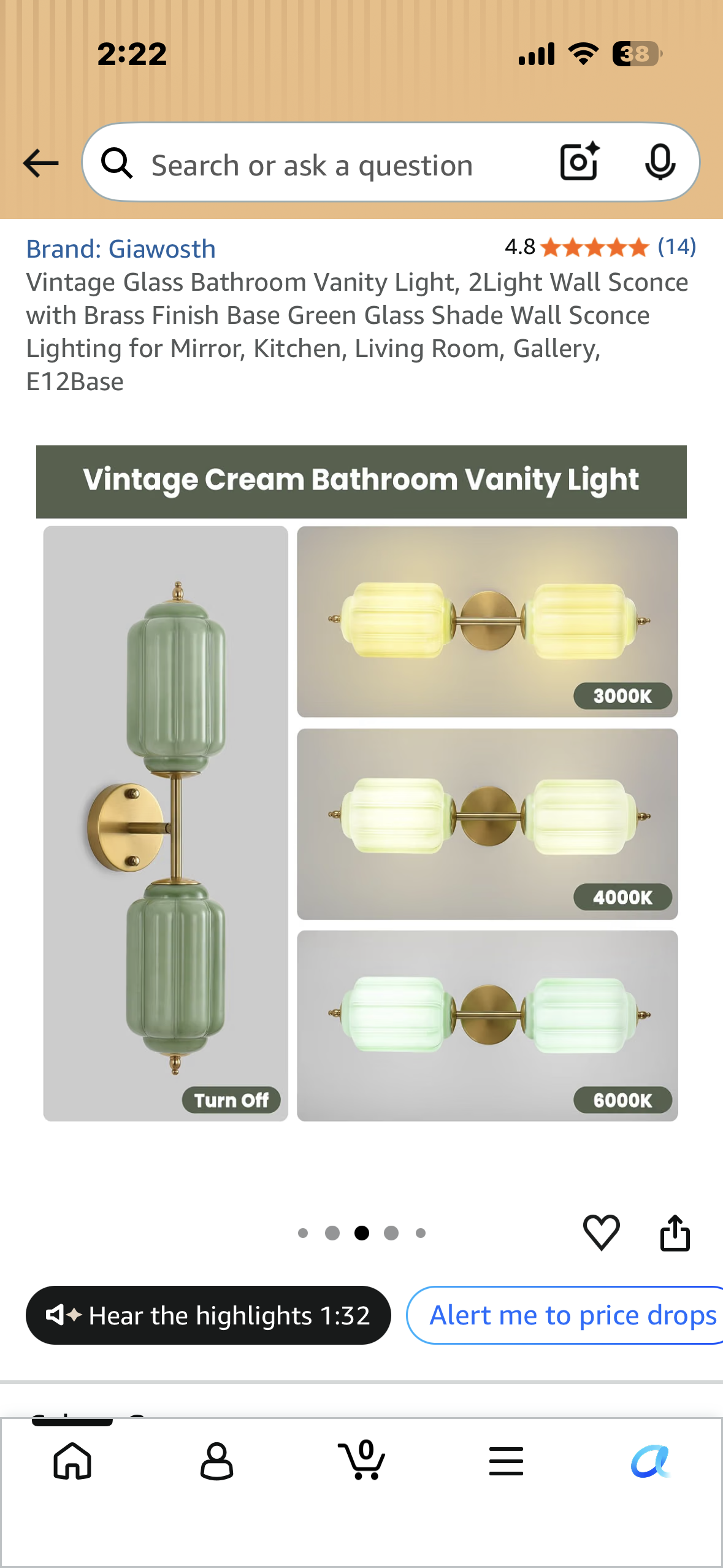 Vintage Glass Bathroom Vanity Light, 2Light Wall Sconce
