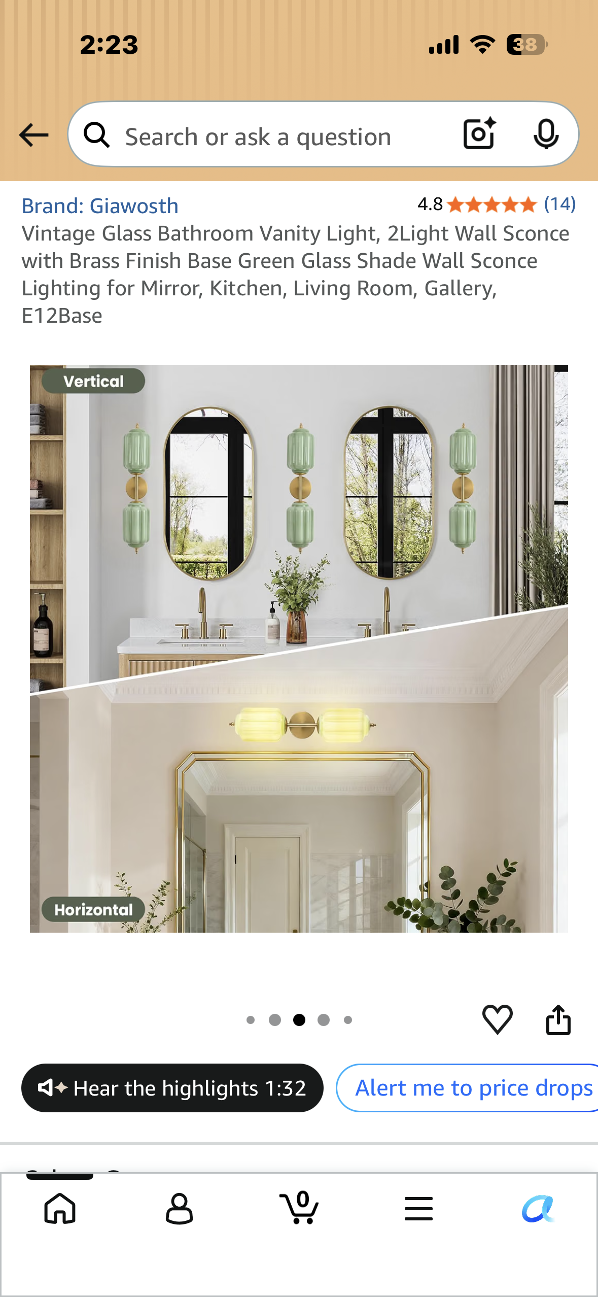 Vintage Glass Bathroom Vanity Light, 2Light Wall Sconce