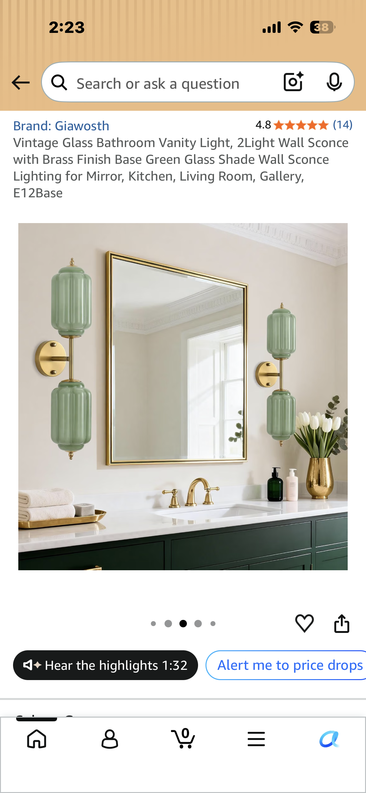 Vintage Glass Bathroom Vanity Light, 2Light Wall Sconce