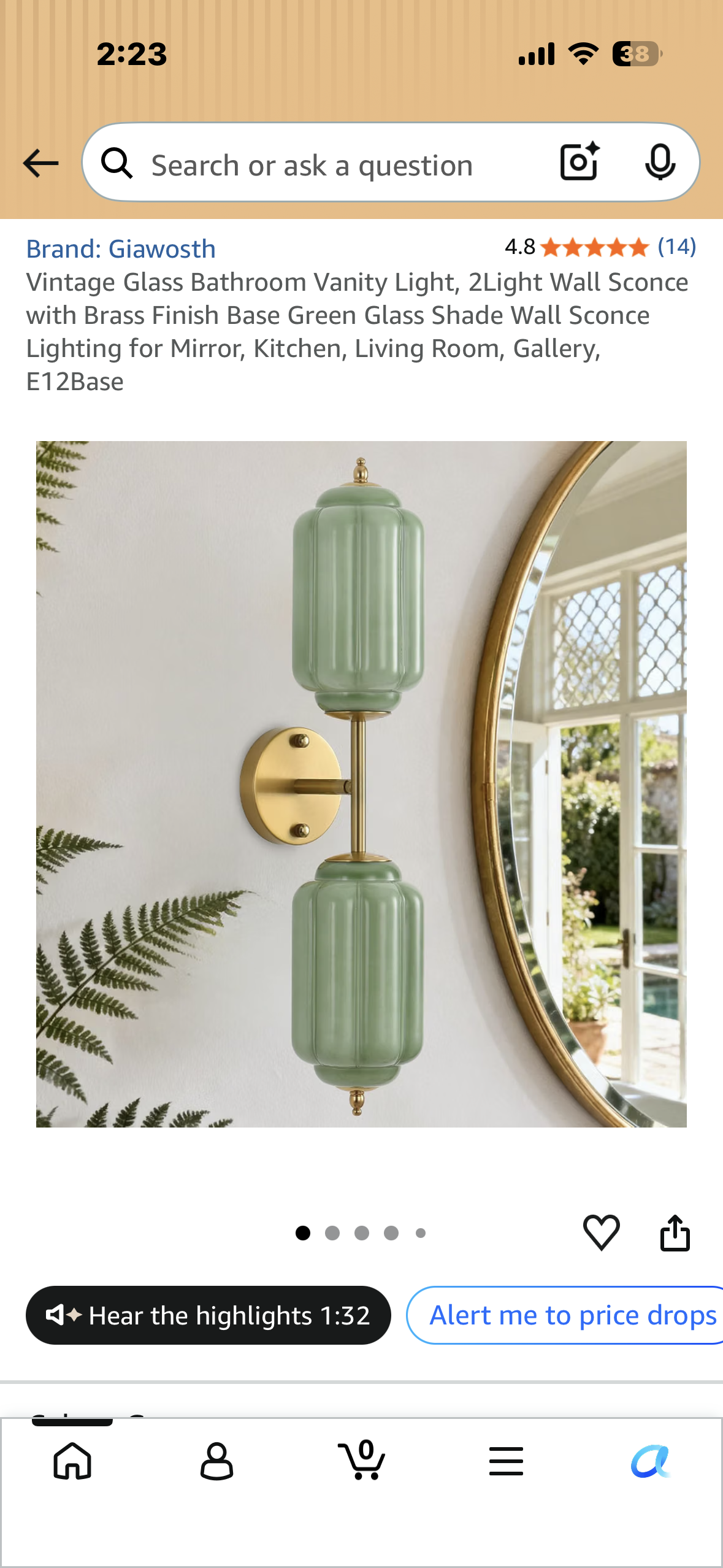 Vintage Glass Bathroom Vanity Light, 2Light Wall Sconce