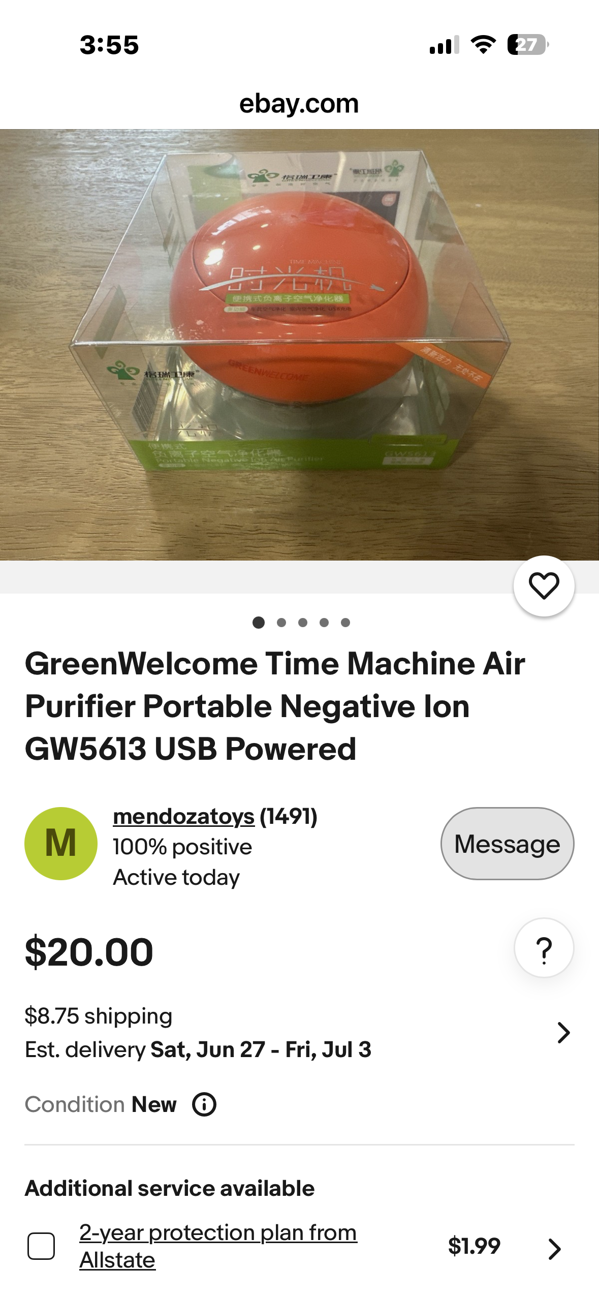 GreenWelcome "Time Machine" Portable Negative Ion Air Purifier