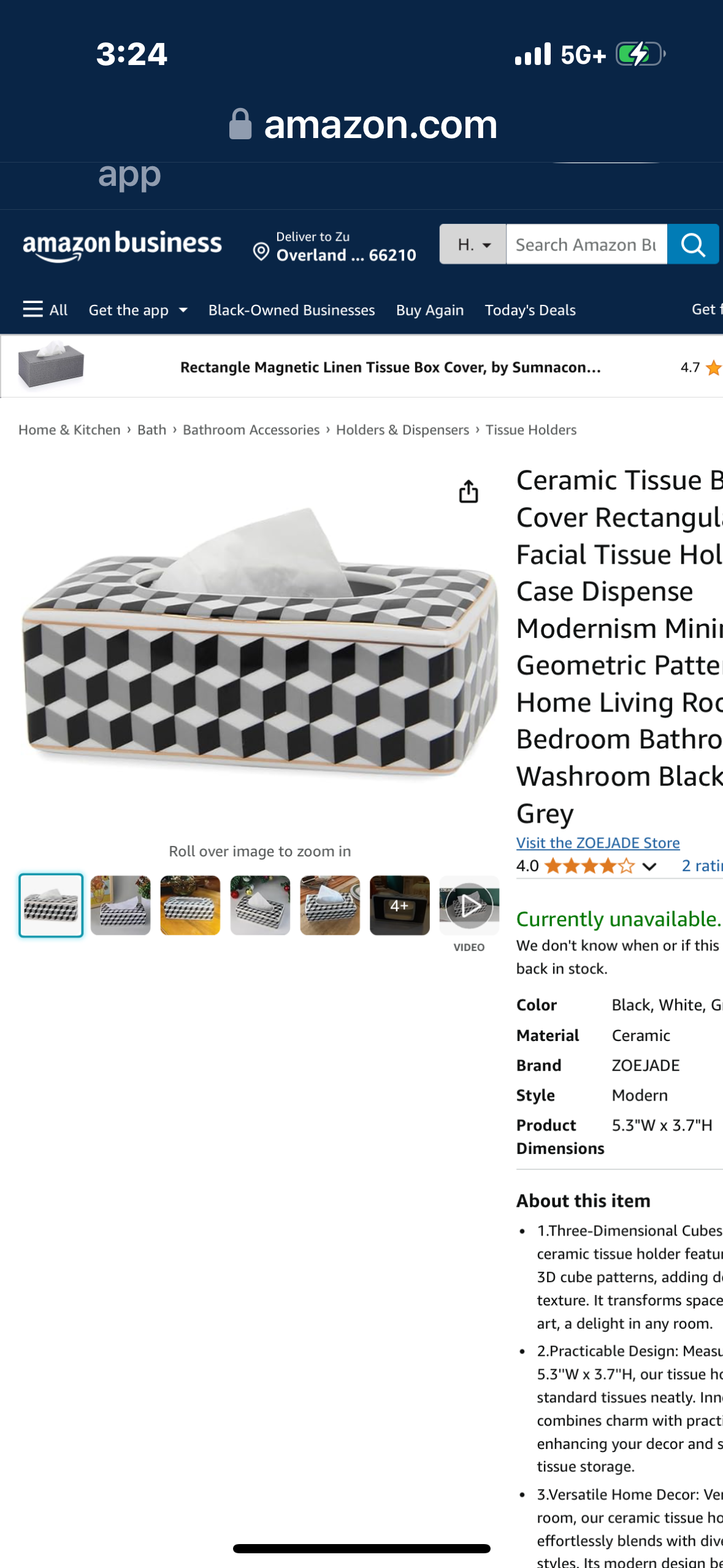 ZOEJADE Ceramic Tissue Box Cover Rectangular Glaze Facial Tissue Holder Case Dispense Modernism Minimalism Geometric Patternfor Home Living Room Bedroom Bathroom Washroom Black White Grey
