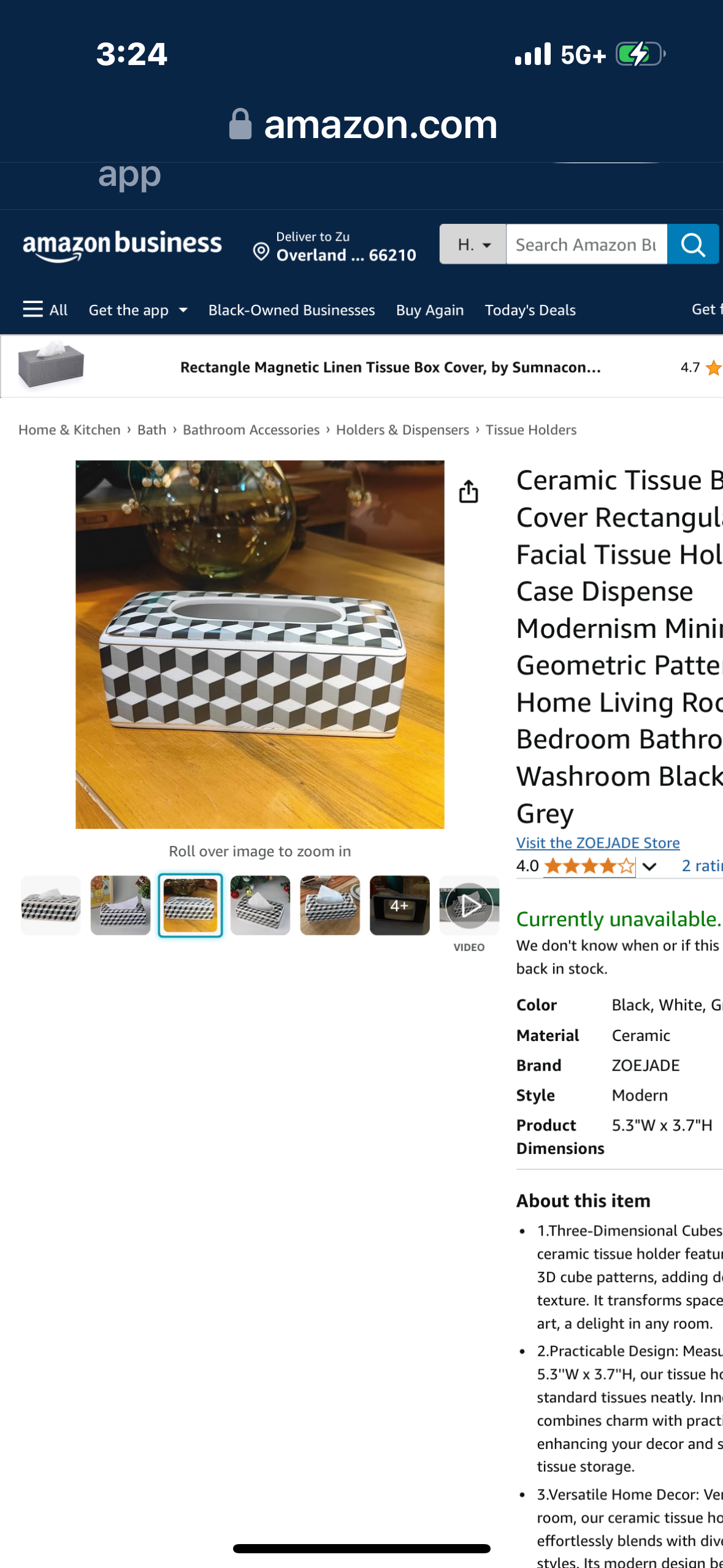 ZOEJADE Ceramic Tissue Box Cover Rectangular Glaze Facial Tissue Holder Case Dispense Modernism Minimalism Geometric Patternfor Home Living Room Bedroom Bathroom Washroom Black White Grey