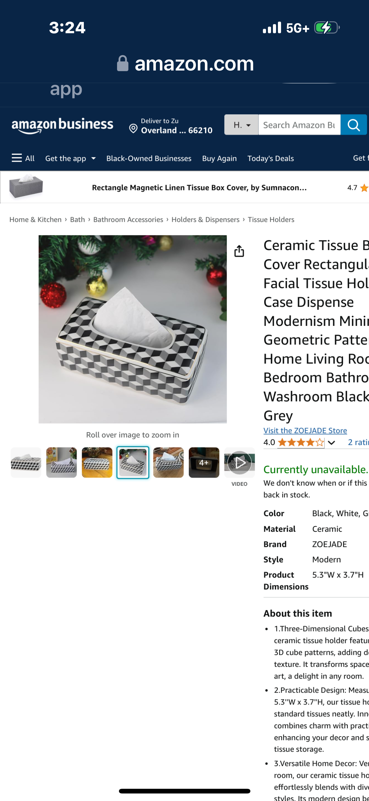 ZOEJADE Ceramic Tissue Box Cover Rectangular Glaze Facial Tissue Holder Case Dispense Modernism Minimalism Geometric Patternfor Home Living Room Bedroom Bathroom Washroom Black White Grey