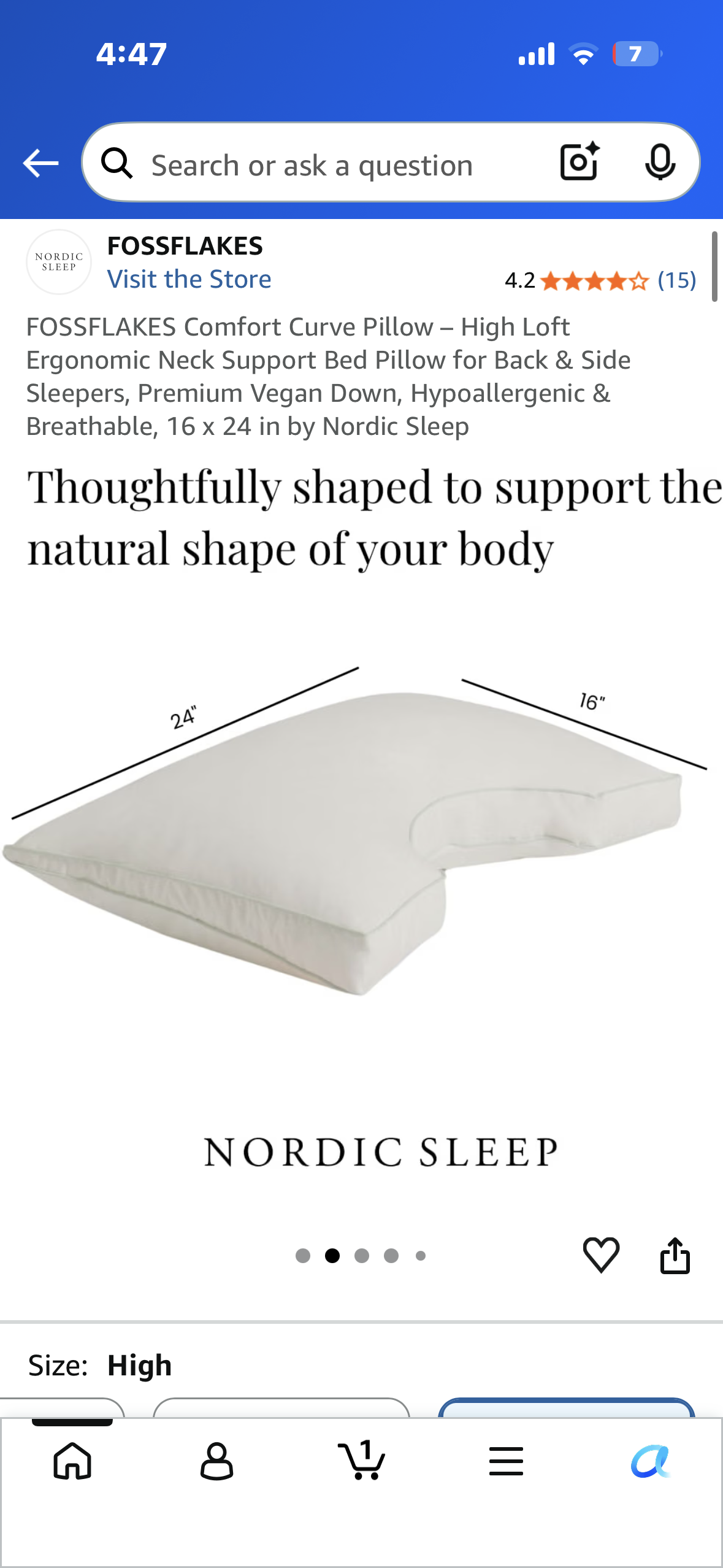 FOSSFLAKES Comfort Curve Pillow – High Loft Ergonomic Neck Support Bed Pillow for Back & Side Sleepers, Premium Vegan Down, Hypoallergenic & Breathable, 16 x 24 in by Nordic Sleep